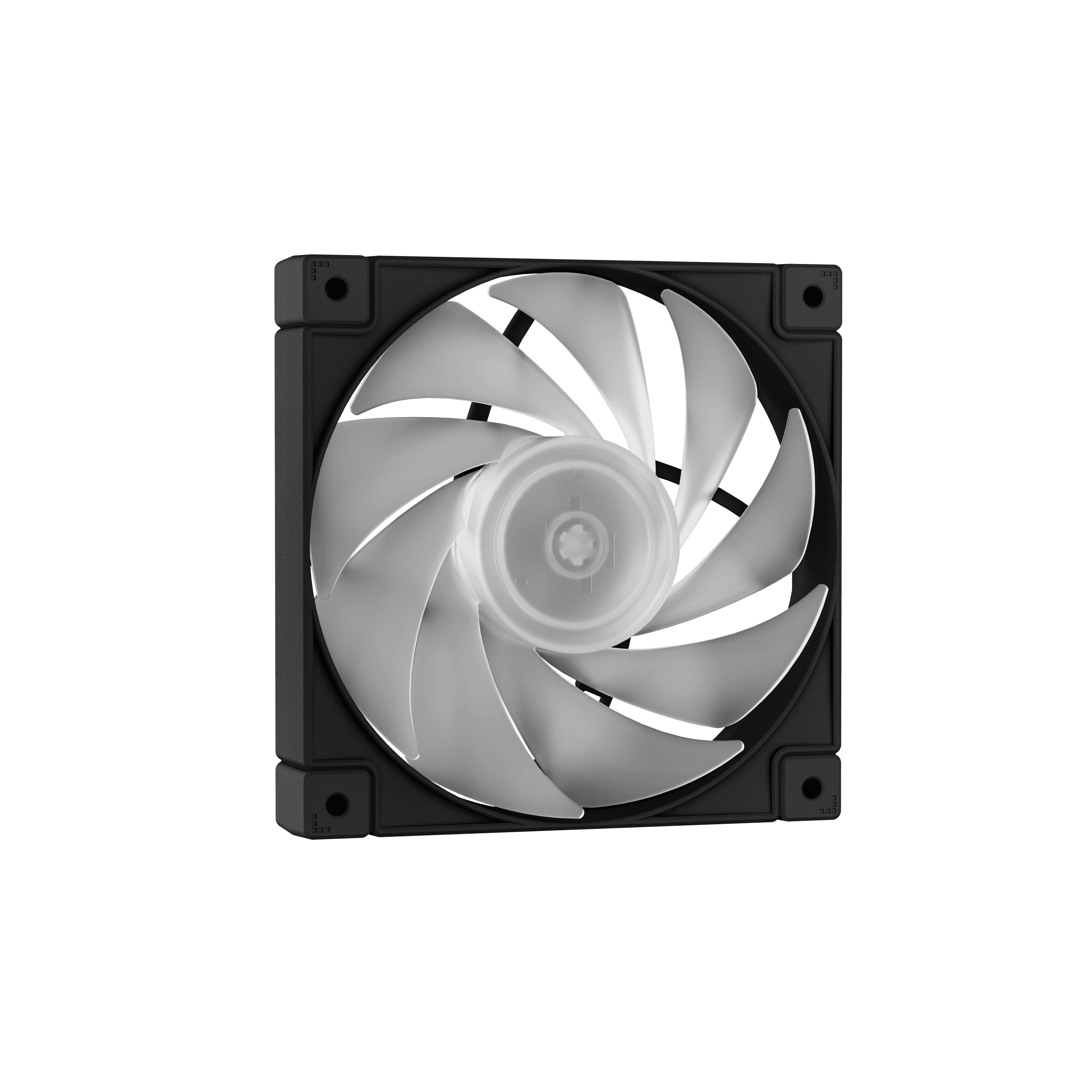 Számítógép ventilátor ezüst pengékkel és fekete kerettel, fekete háttér előtt.