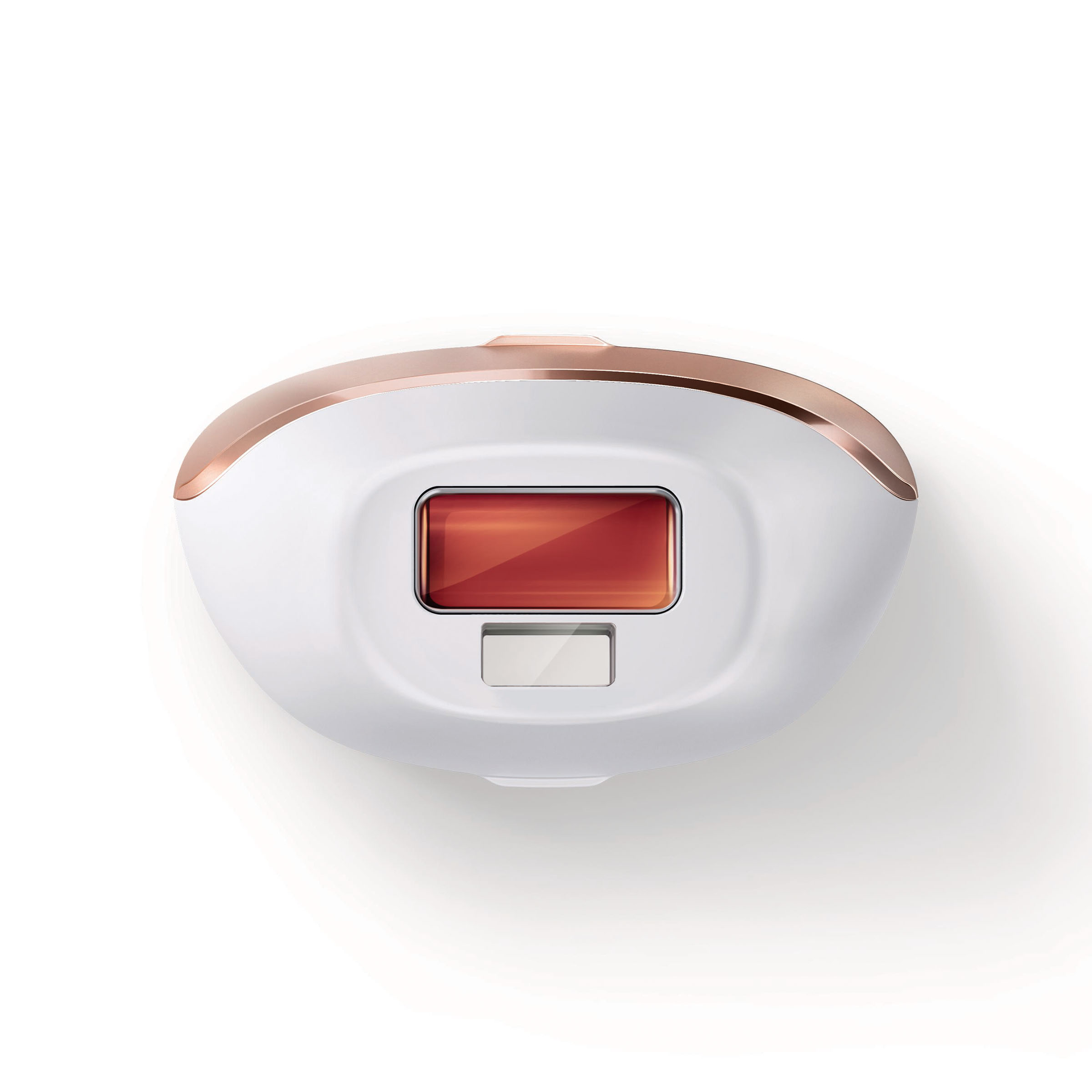 Białe i różowo-złote urządzenie do depilacji IPL. Posiada czerwone okno świetlne i białą obudowę.