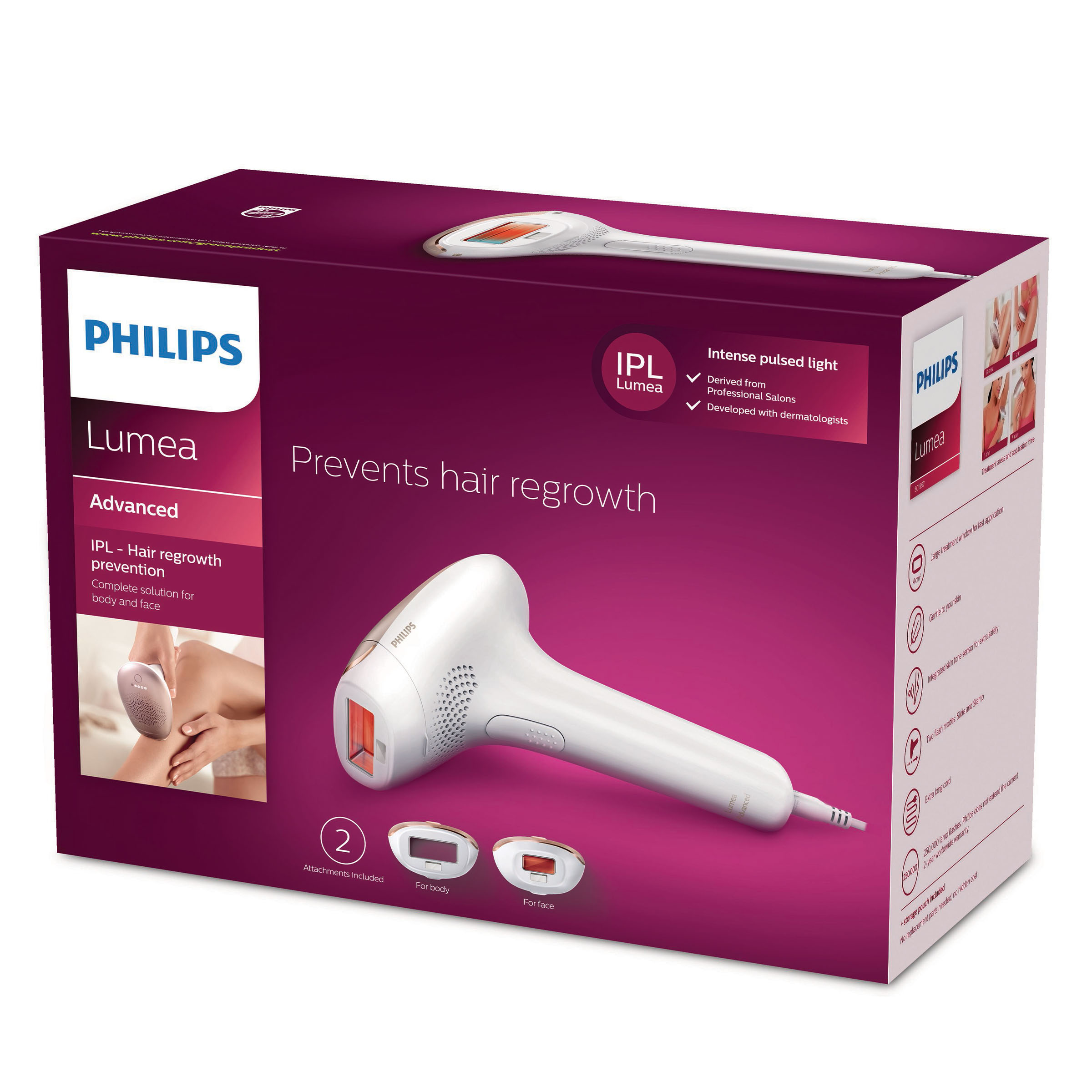 Pudełko z białym i fioletowym wzorem, z napisem 'Philips Lumea'. To urządzenie do usuwania włosów.