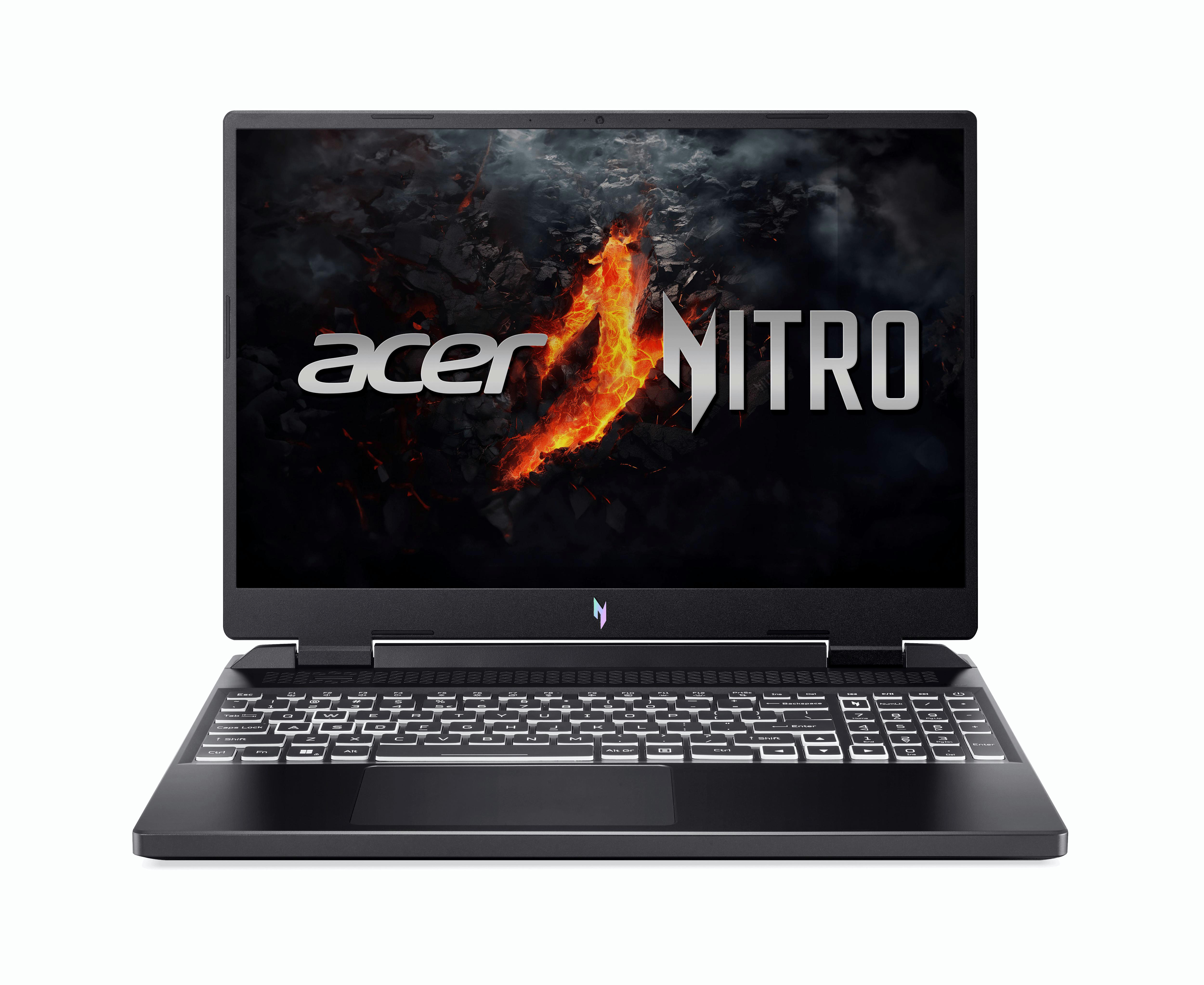 Schwarzer Acer Nitro Laptop mit einem Bildschirm, der ein feuriges Logo anzeigt. Der Laptop steht auf weißem Untergrund.