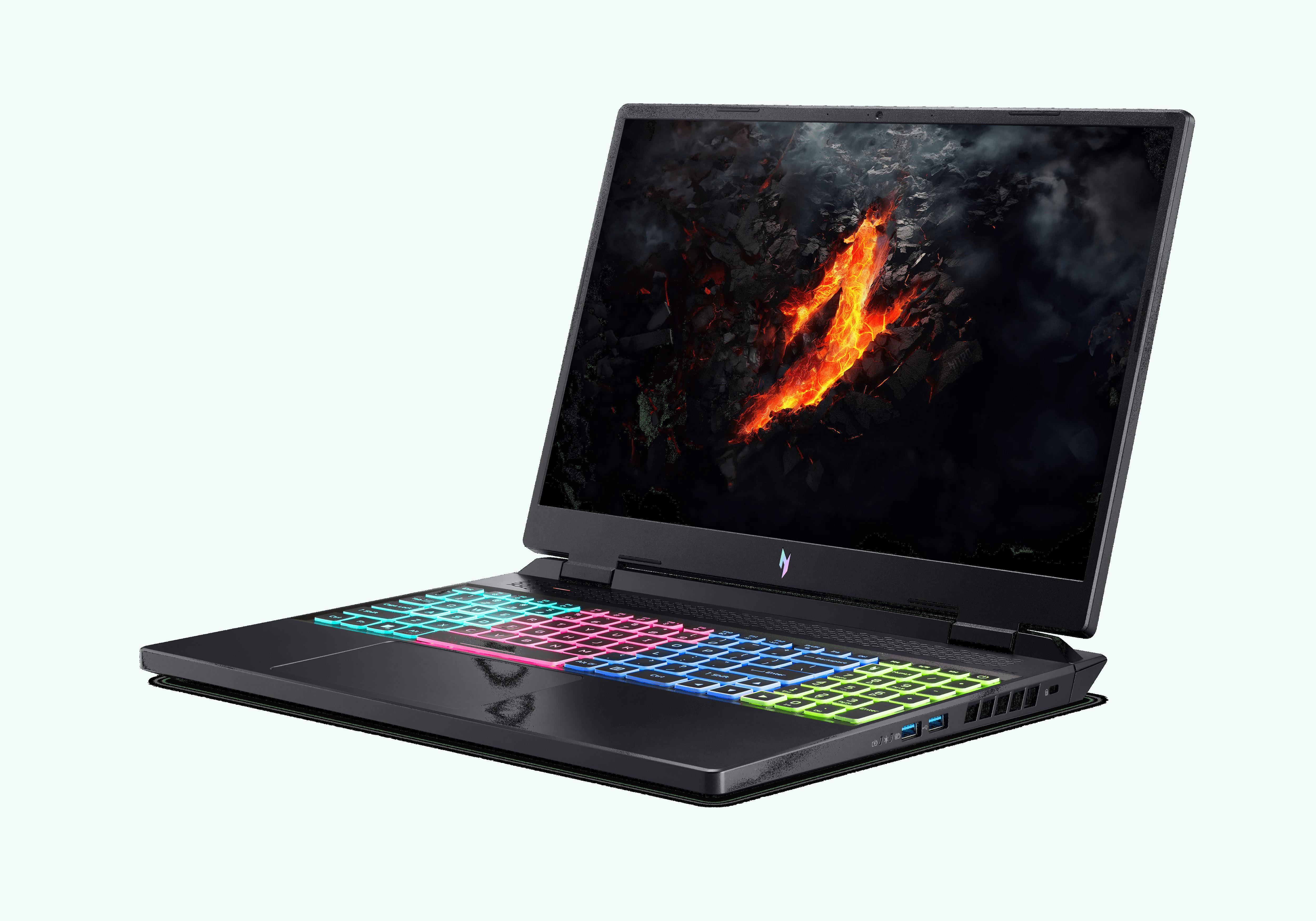 Schwarzer Gaming-Laptop mit beleuchteter Tastatur und Bildschirm.