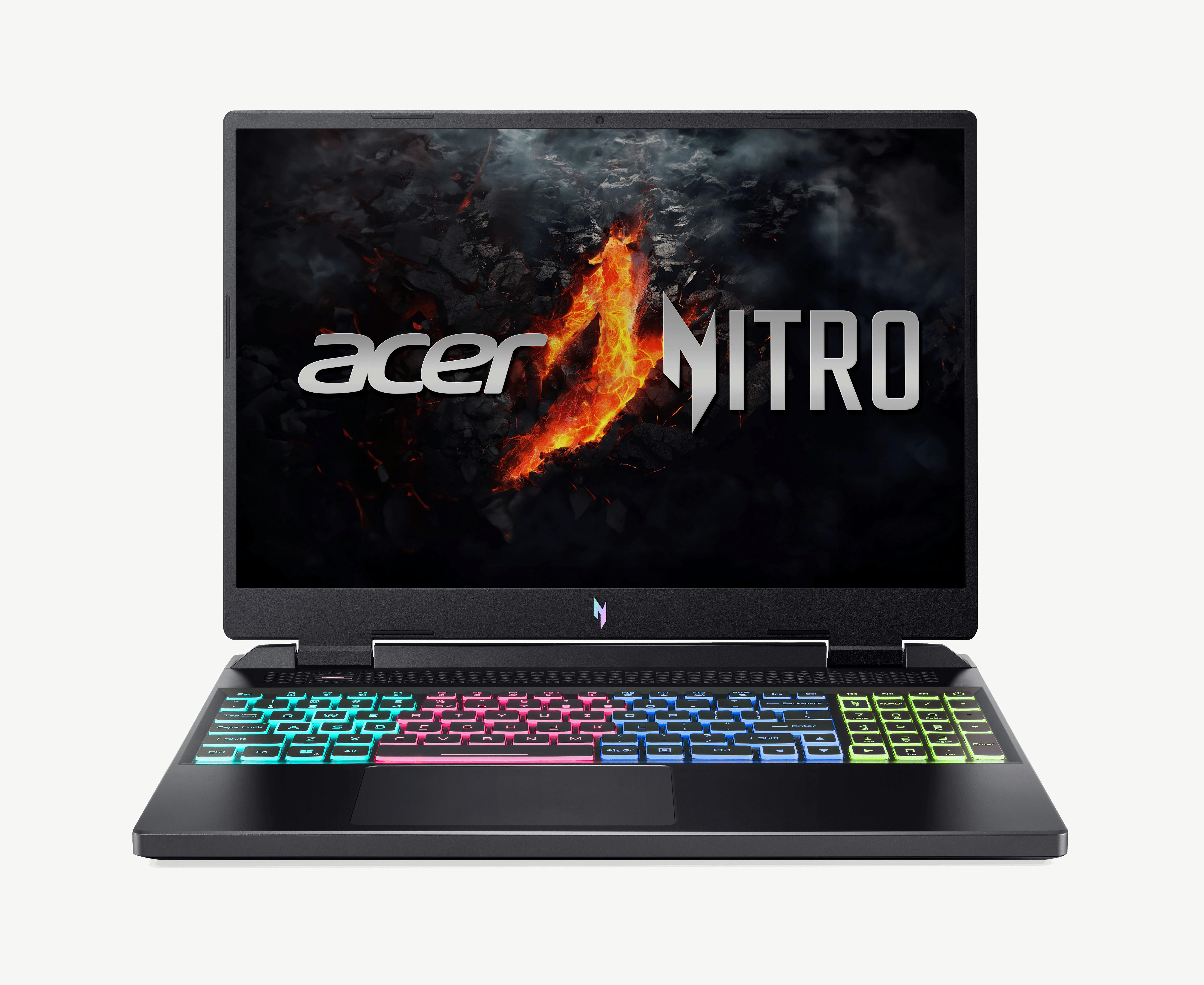Schwarzer Acer Nitro Laptop mit beleuchteter Tastatur. Der Bildschirm zeigt das Acer Nitro Logo über einem Feuerbild.