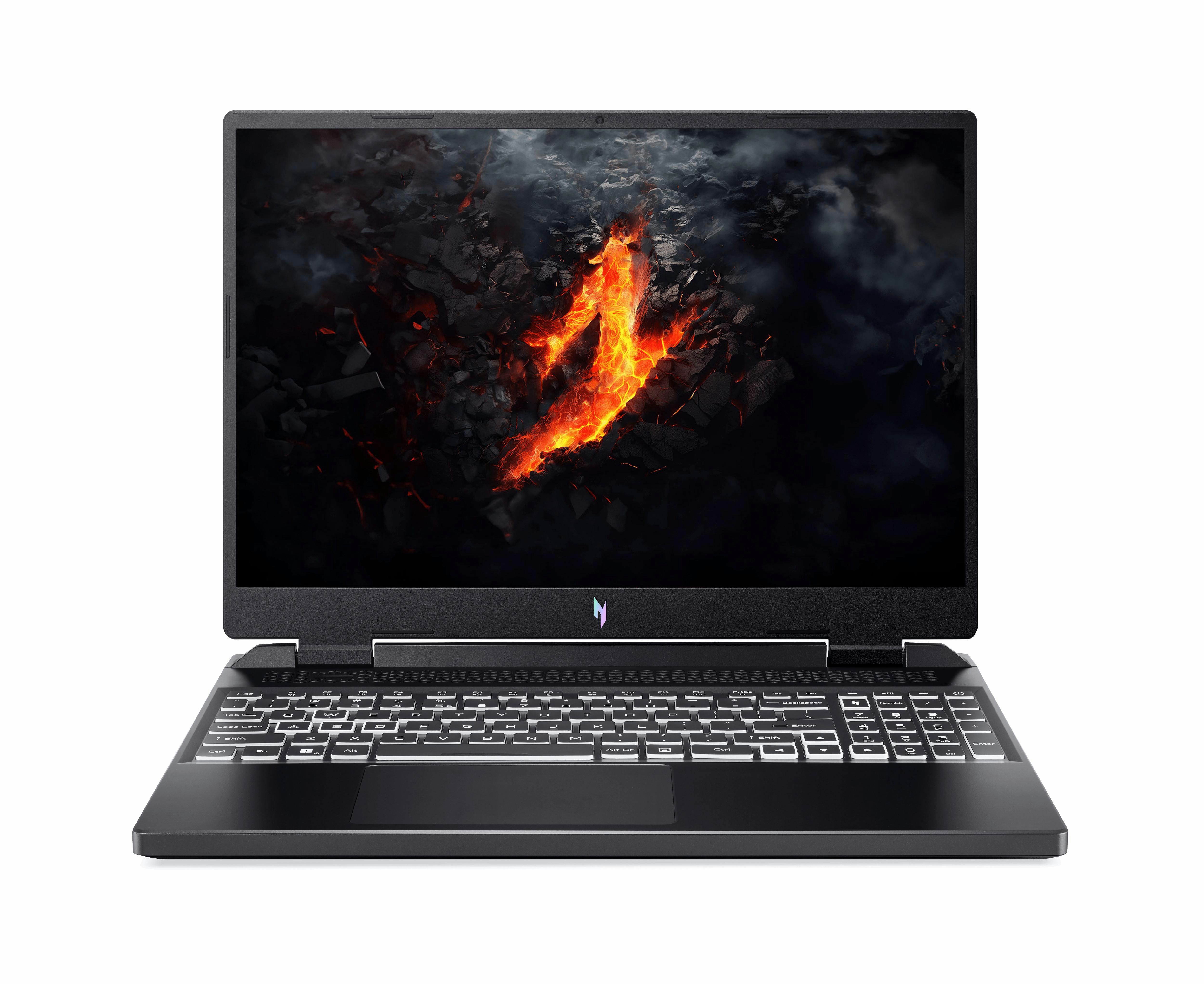 Schwarzer Gaming-Laptop, geöffnet, zeigt feuriges Bild auf dem Bildschirm.