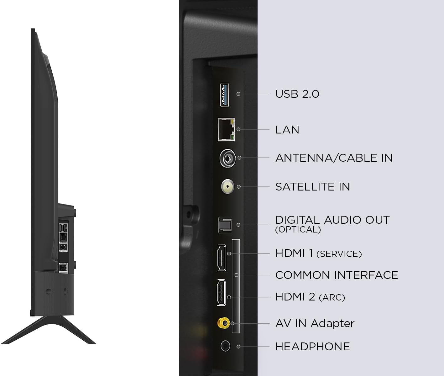 El panel trasero de un televisor muestra puertos USB, LAN, antena, satélite y salida de audio.