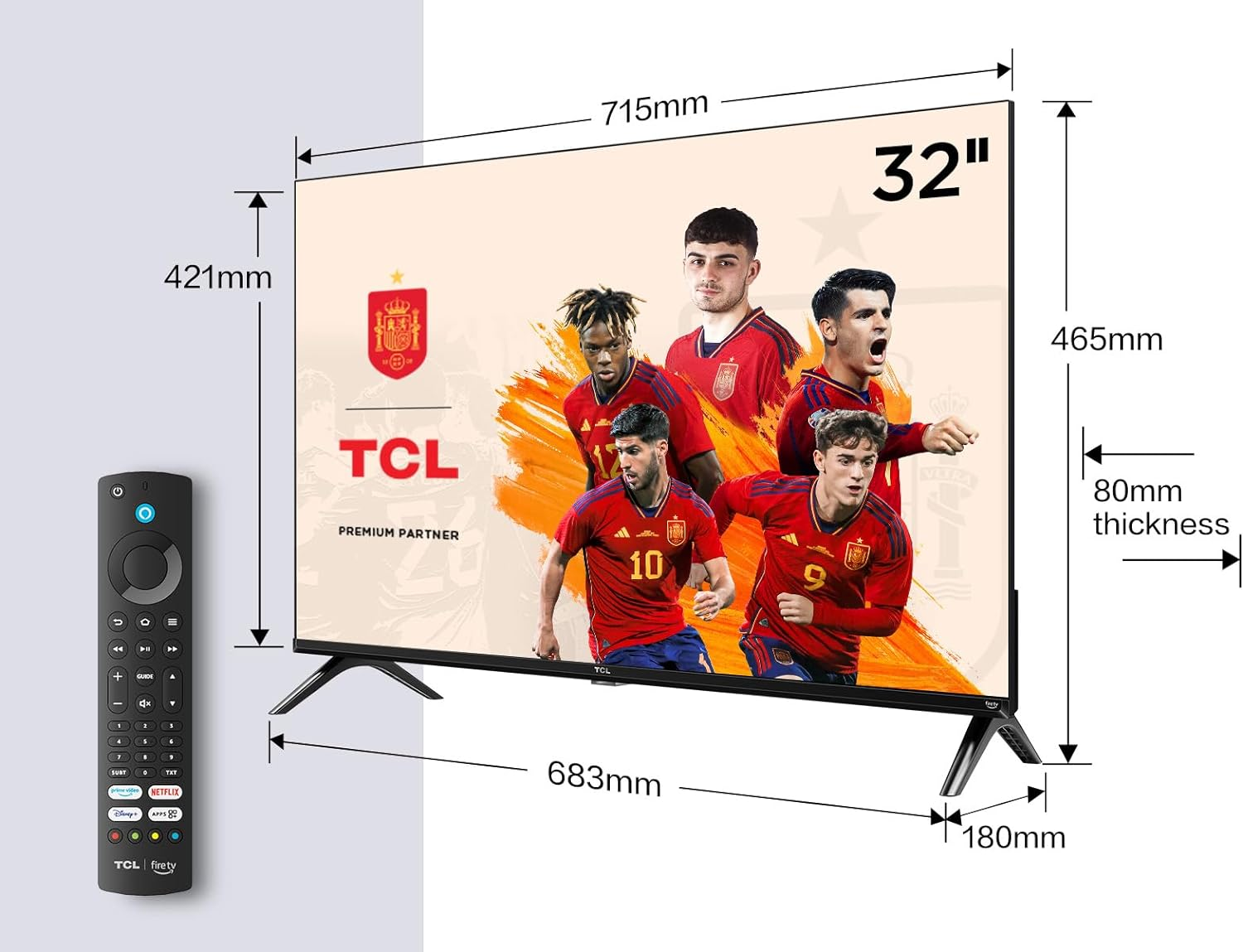 Un televisor TCL de 32" con el equipo nacional de España en la pantalla, dimensiones y mando a distancia.