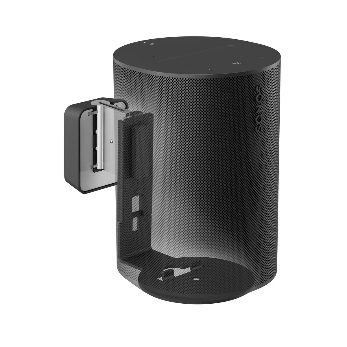 Un altavoz Sonos negro montado en un soporte de pared. El altavoz es cilíndrico.