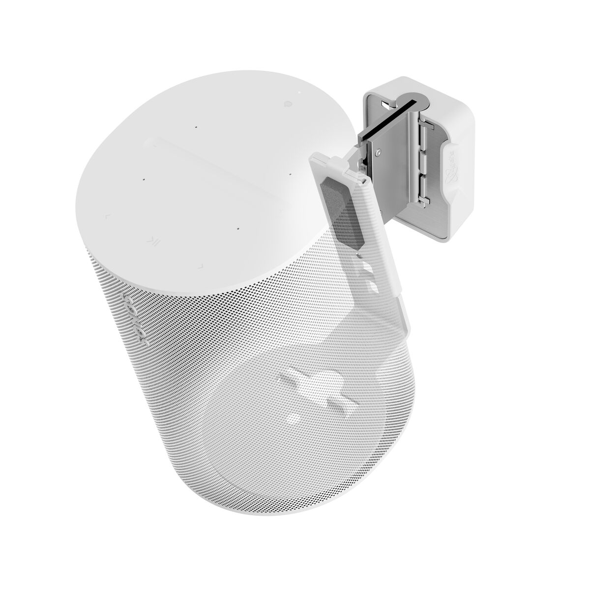 Altavoz Sonos blanco montado en un soporte de pared. El soporte es blanco y el altavoz está en ángulo.