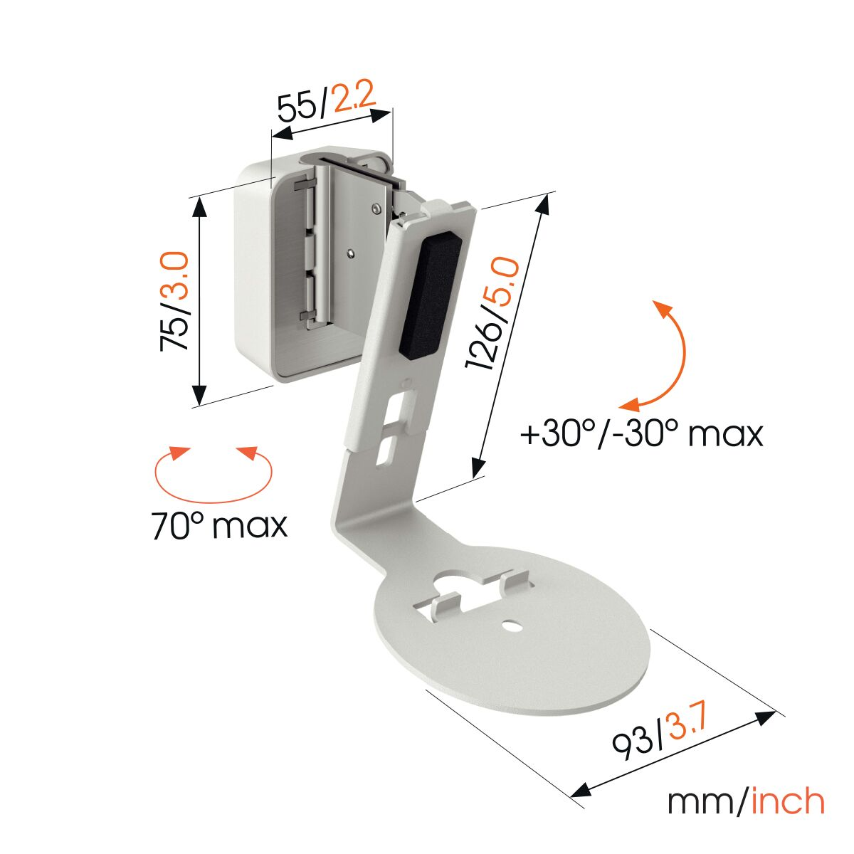 Soporte blanco en ángulo. Dimensiones en mm/pulgadas. Flechas muestran rotación.
