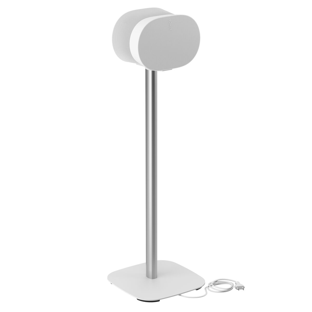 Altavoz blanco en un soporte. Dos altavoces blancos en un soporte plateado. Base blanca. Cable conectado.