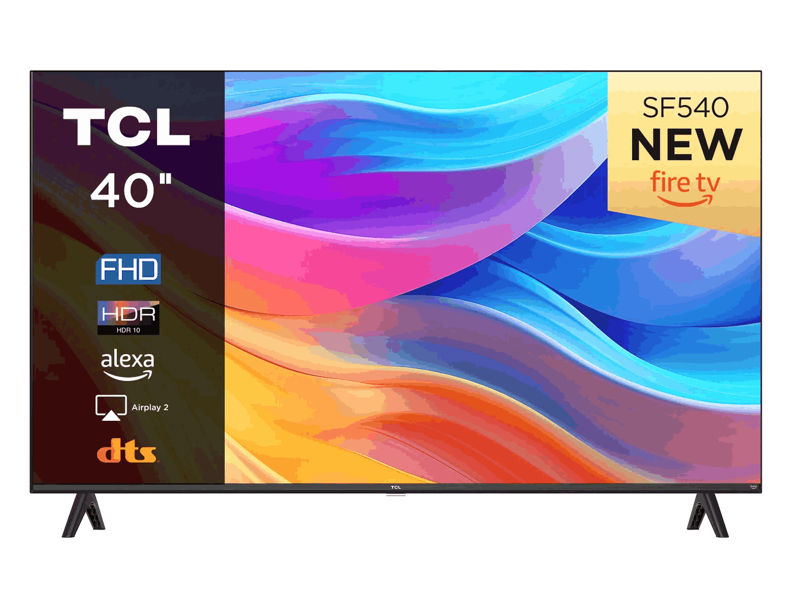 TV TCL 40" con marco negro. Pantalla muestra gráficos coloridos, Fire TV, logotipos HDR y Alexa.