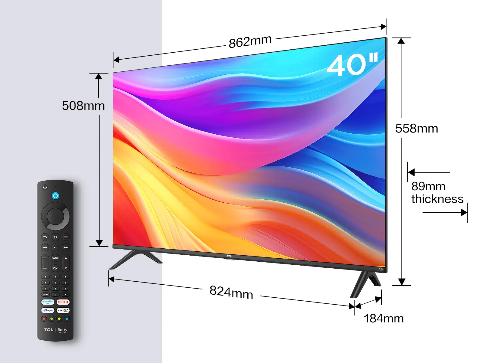 TV de 40 pulgadas con mando a distancia, mostrando dimensiones y medidas en fondo blanco.