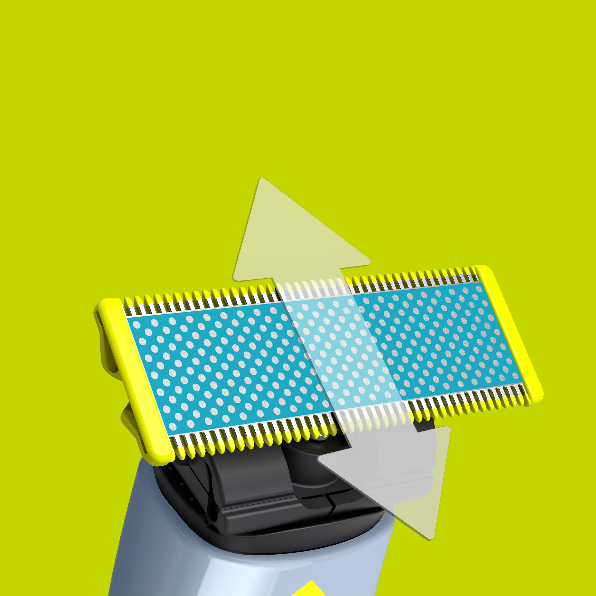 Żółta i niebieska głowica golarki ze strzałkami wskazującymi ruch. Zielone tło.