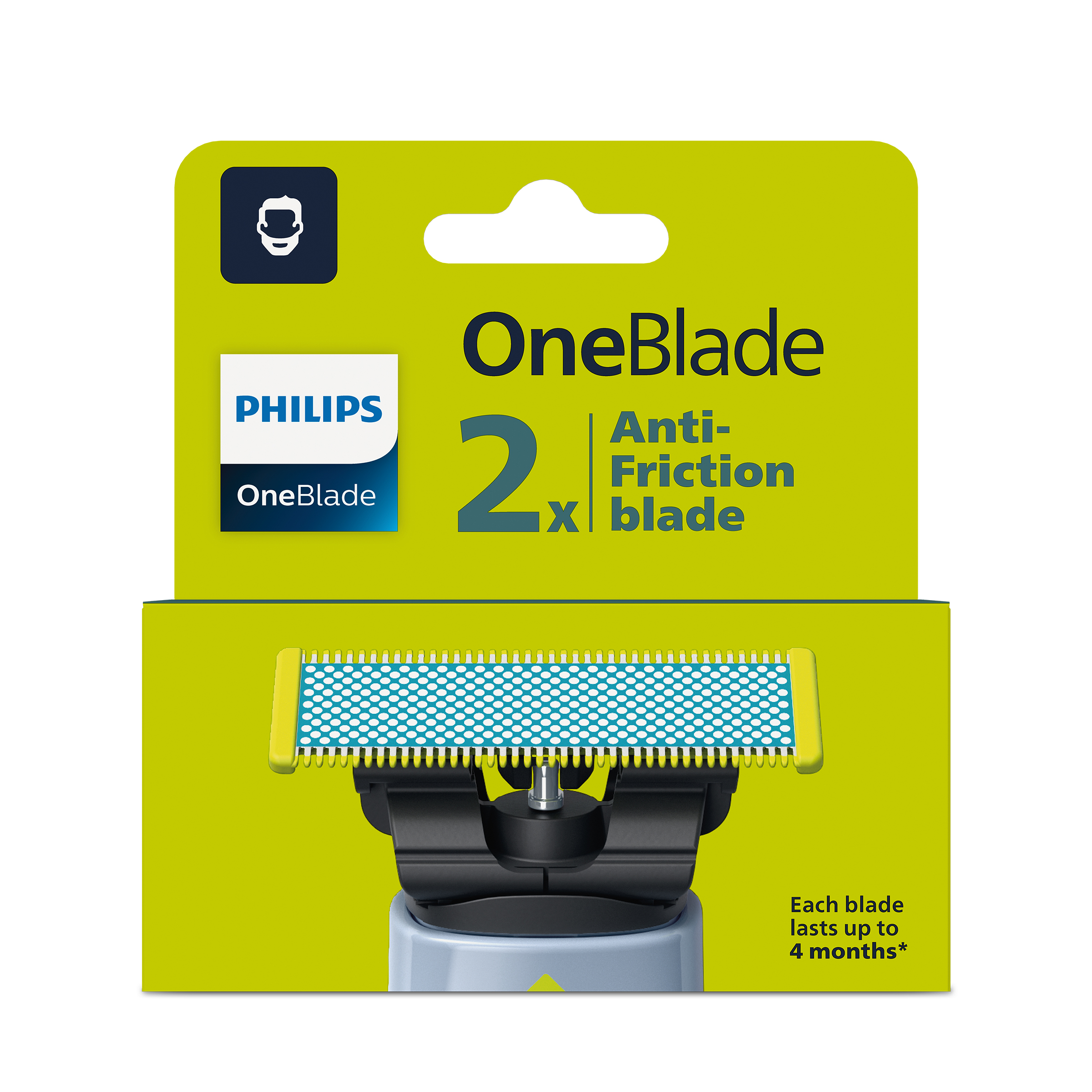 Opakowanie ostrzy do golenia Philips OneBlade z dwoma ostrzami i żółtym ostrzem.