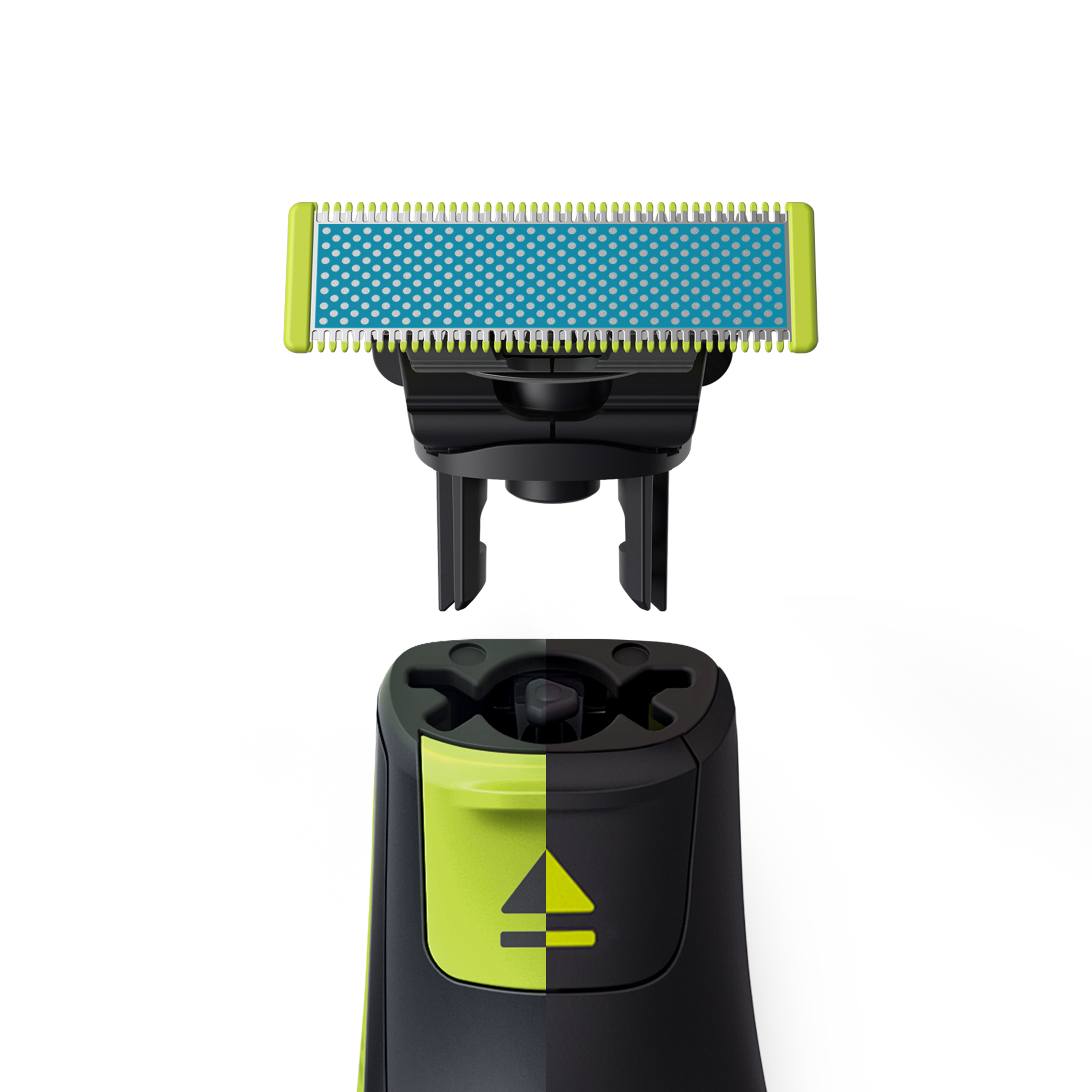 Zbliżenie czarno-zielonej golarki elektrycznej. Głowica jest odłączona.