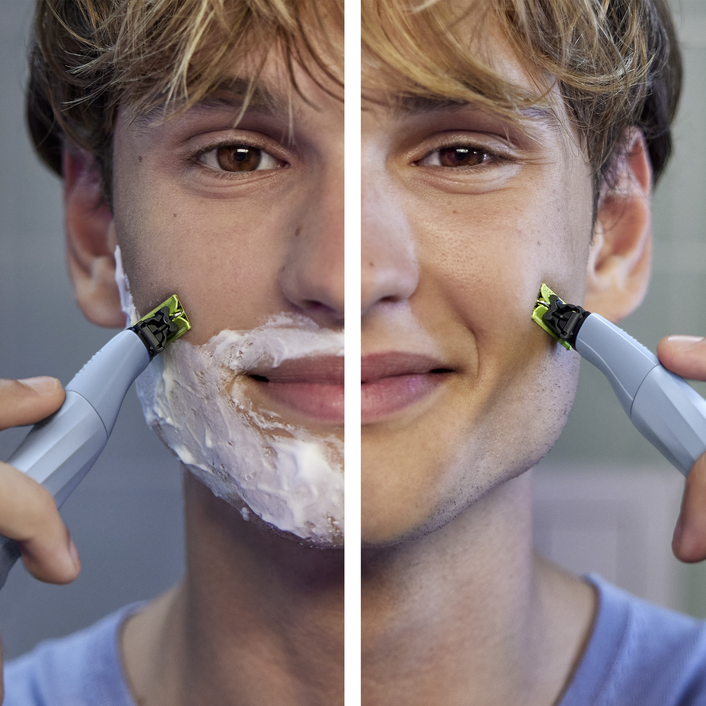 Mężczyzna goli się trymerem, pokazując przed i po. Jedna strona z pianką, druga gładko ogolona.