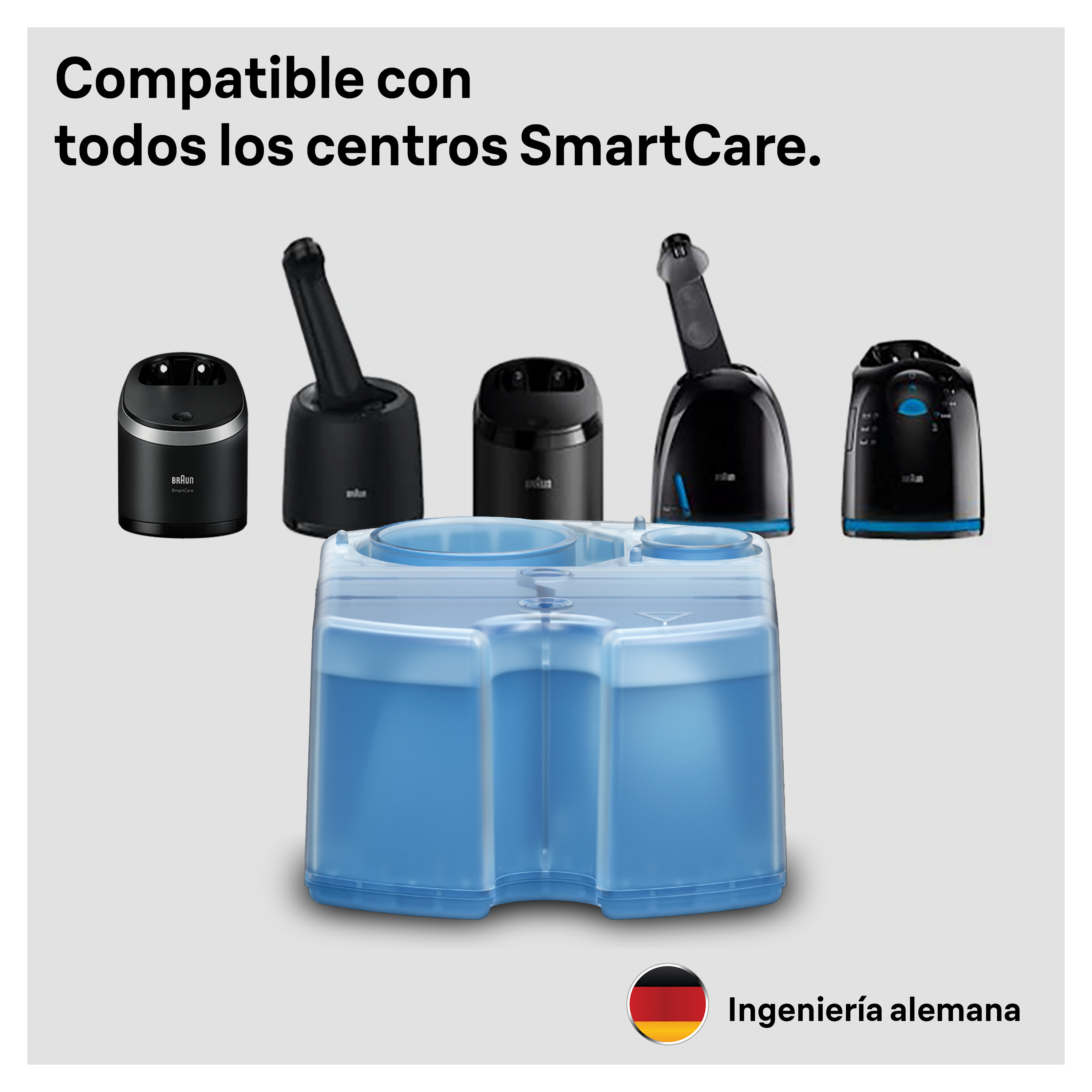 Cinco centros Braun SmartCare negros y un centro de limpieza azul sobre fondo blanco.