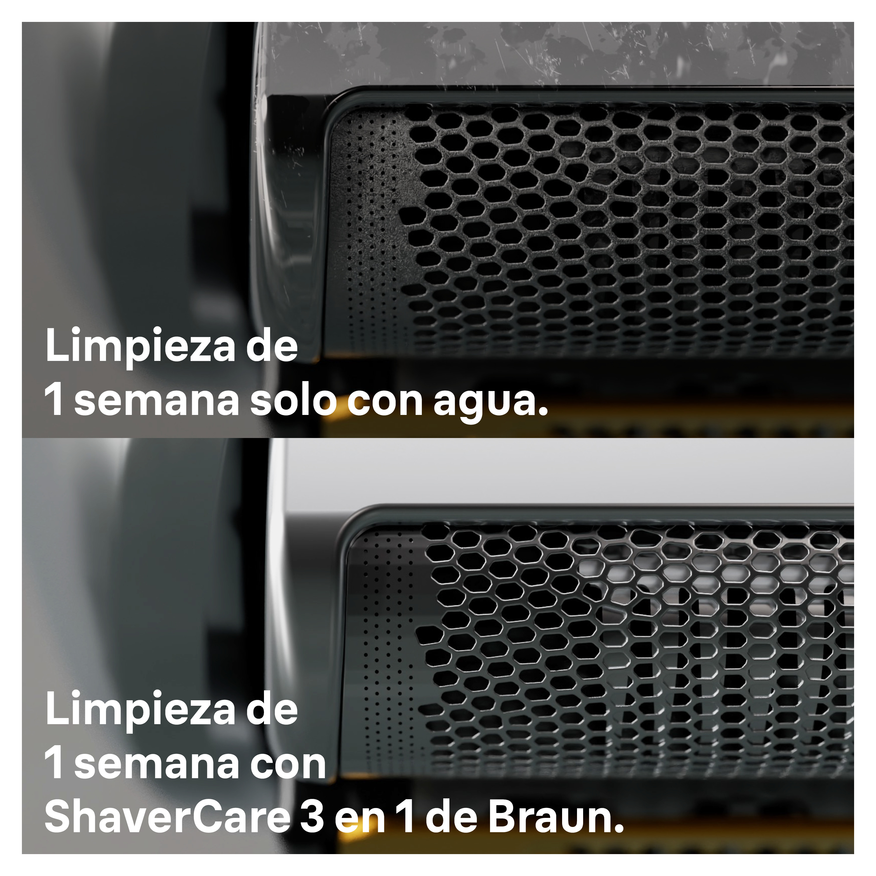 Primer plano de un cabezal de afeitadora, mostrando métodos de limpieza: solo agua y Braun ShaverCare.
