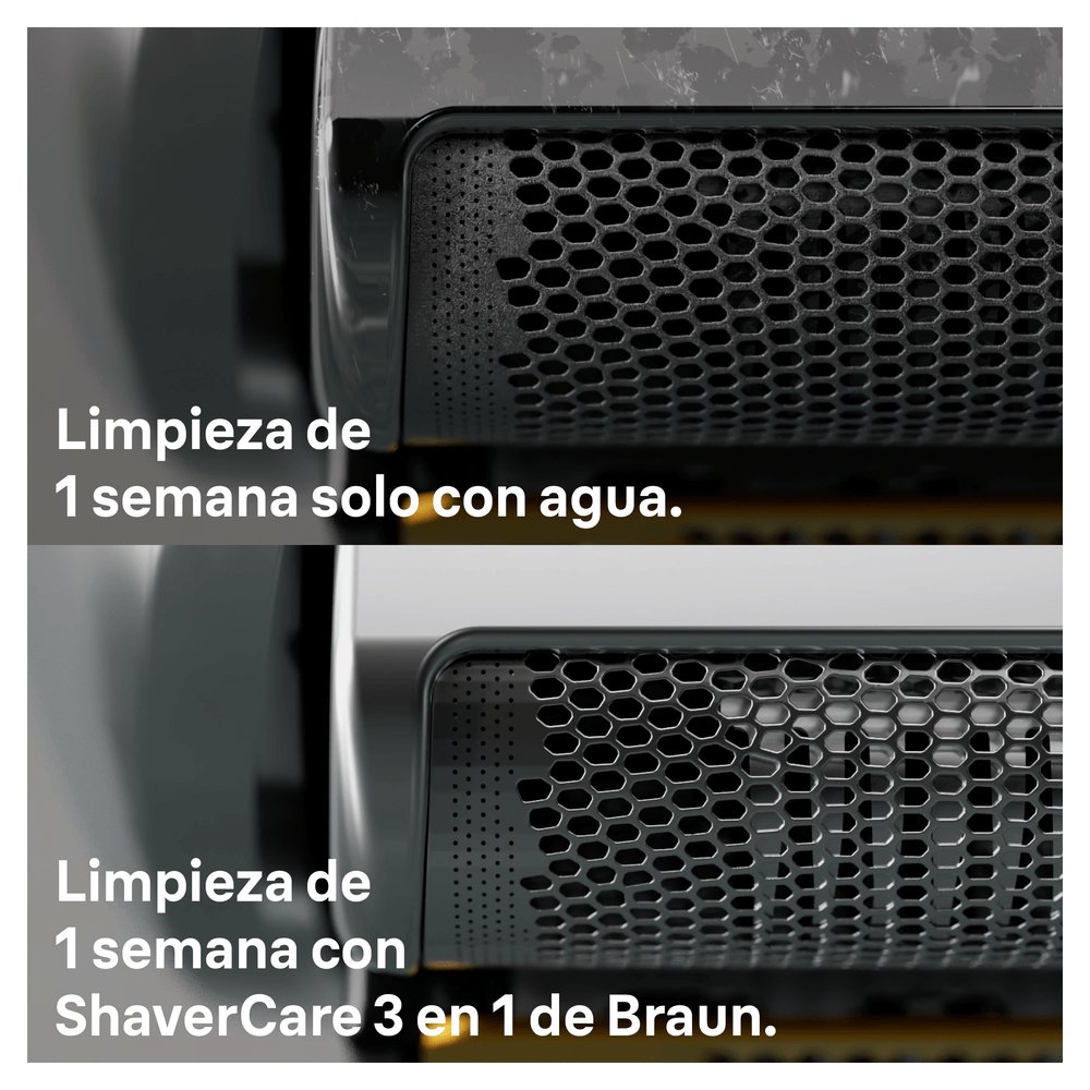 Cabezales de afeitadora. El texto compara la limpieza con agua vs. ShaverCare. Fondo gris.