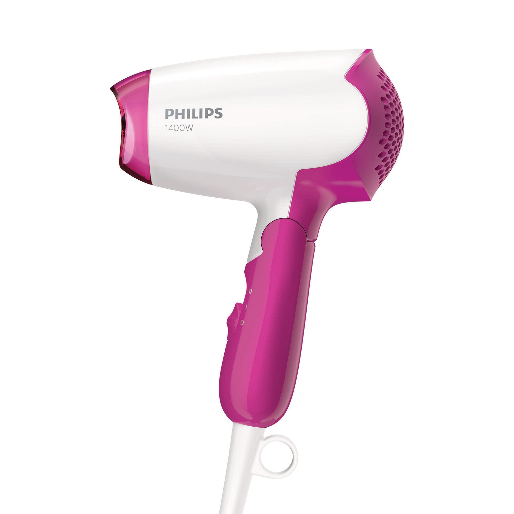 Biała i różowa suszarka do włosów. Biały przewód i uchwyt. Białe tło.