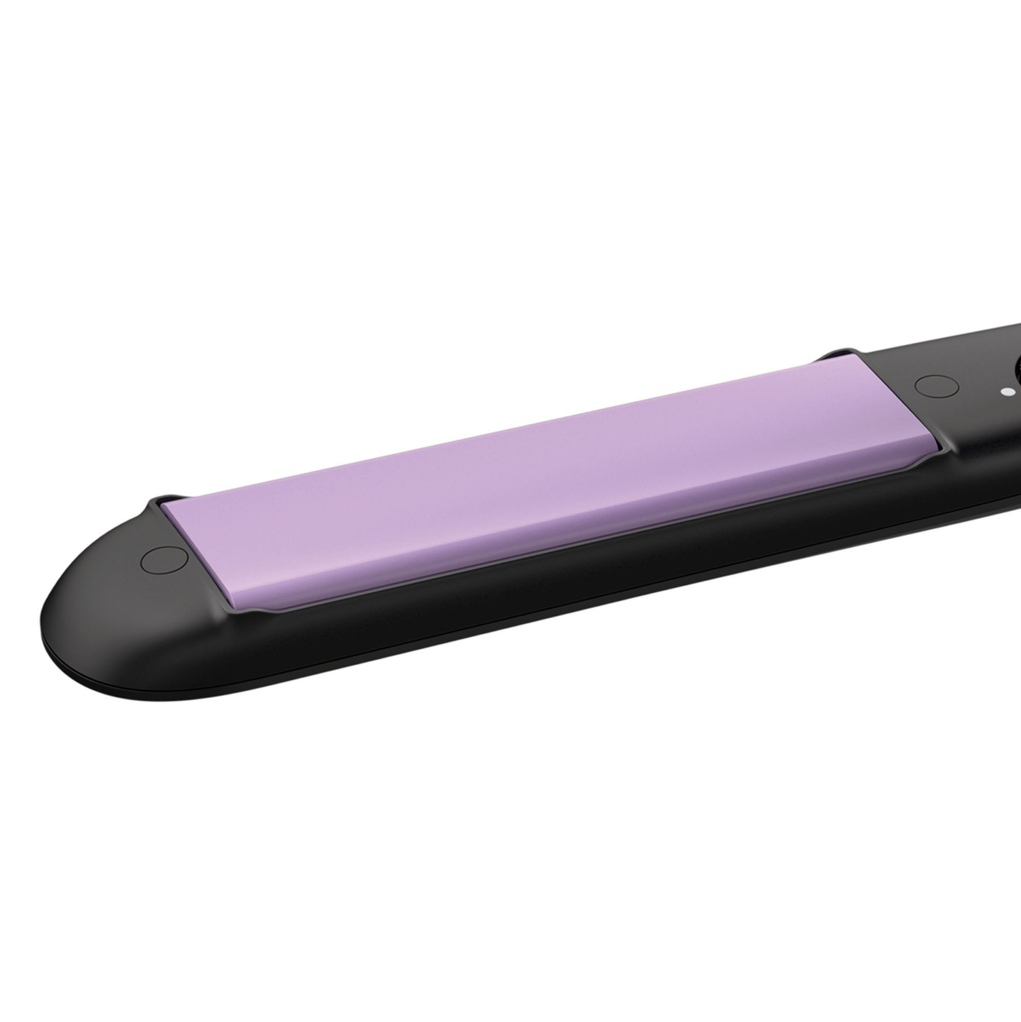 Zbliżenie czarnej prostownicy do włosów z fioletową płytką.