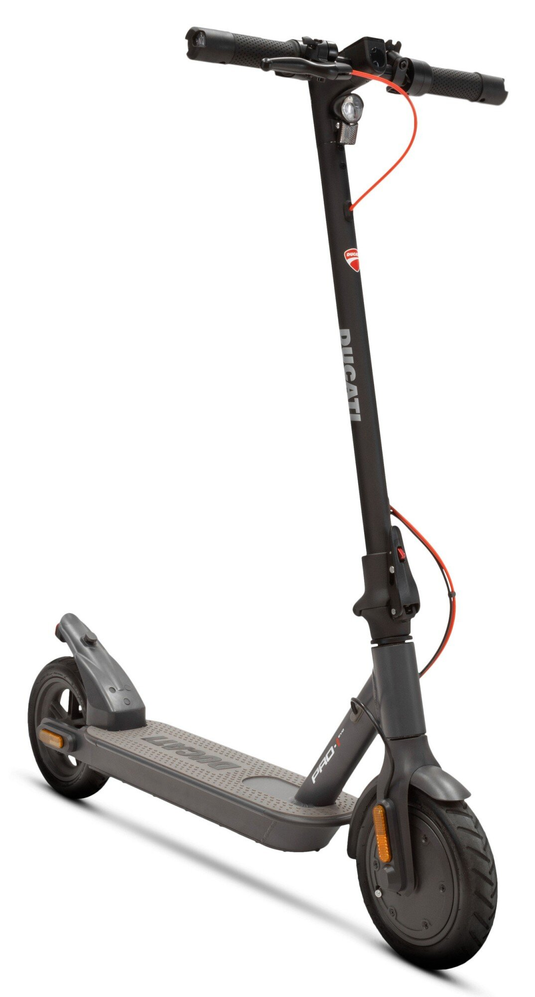 Hulajnoga elektryczna Ducati PRO-I EVO na białym tle. Czarno-szara hulajnoga z logo Ducati.