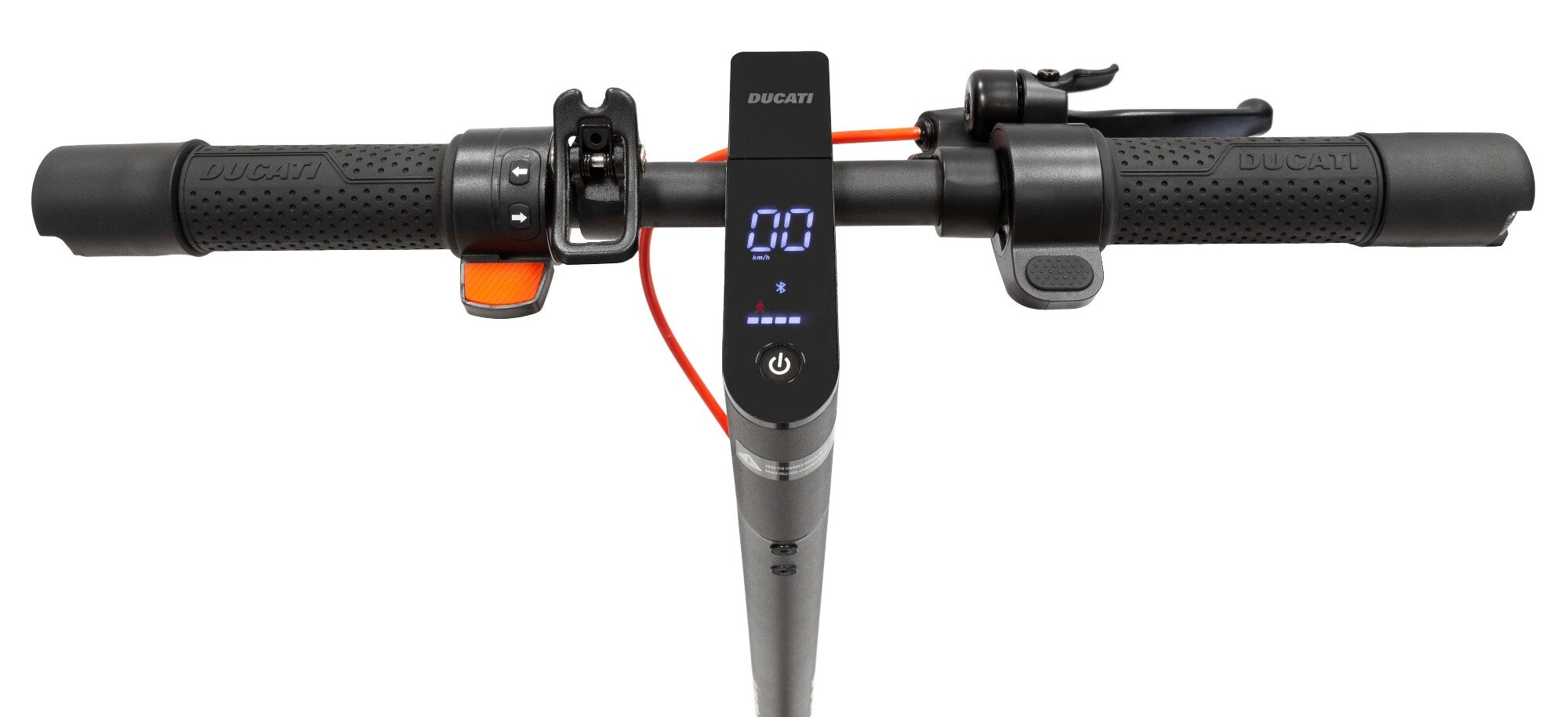 Kierownica skutera Ducati z wyświetlaczem pokazującym prędkość, elementy sterowania i uchwyty.