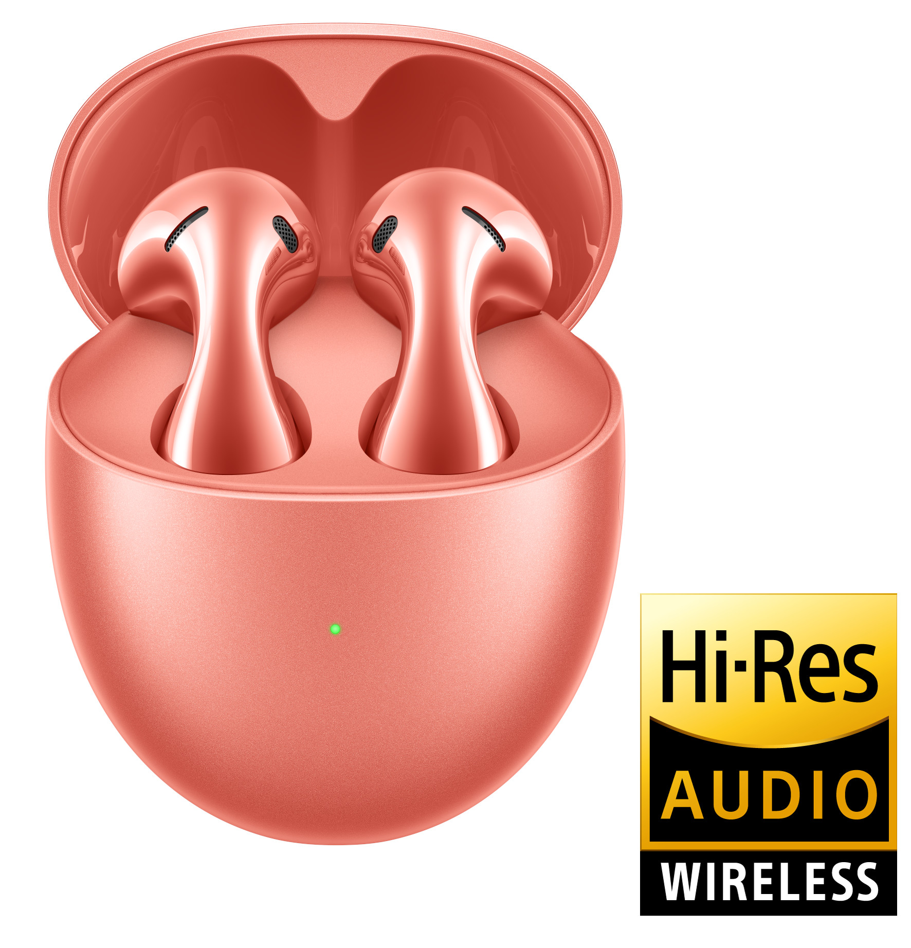 Różowo-złote słuchawki bezprzewodowe w etui ładującym, z logo Hi-Res Audio.