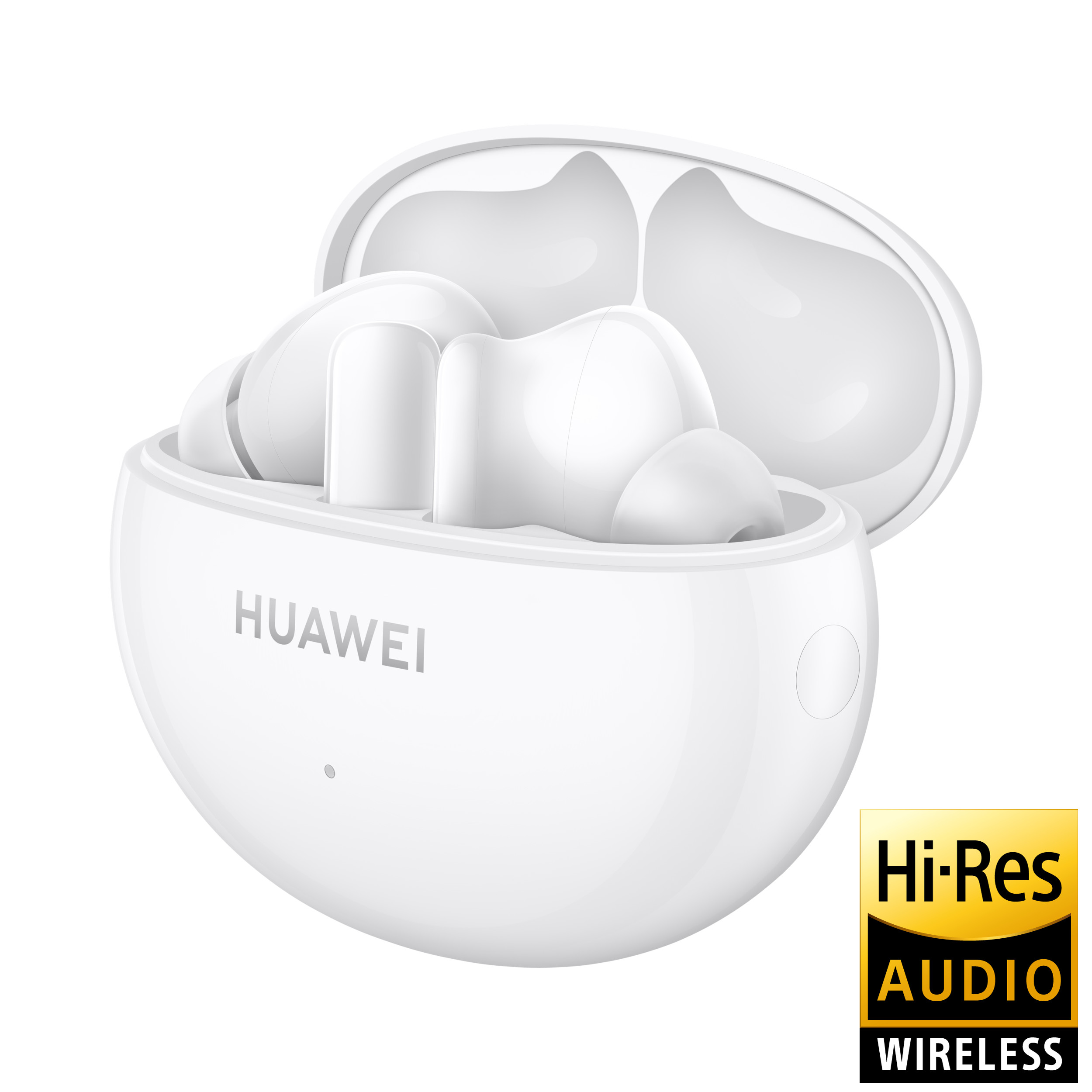 Białe bezprzewodowe słuchawki w otwartym etui ładującym, ze złotym logo Hi-Res Audio Wireless.