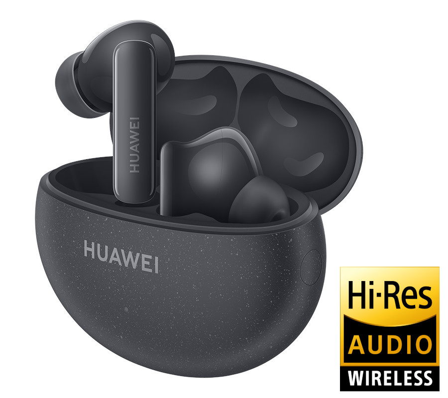 Ciemnoszare słuchawki w etui ładującym. Etui ma logo Huawei.