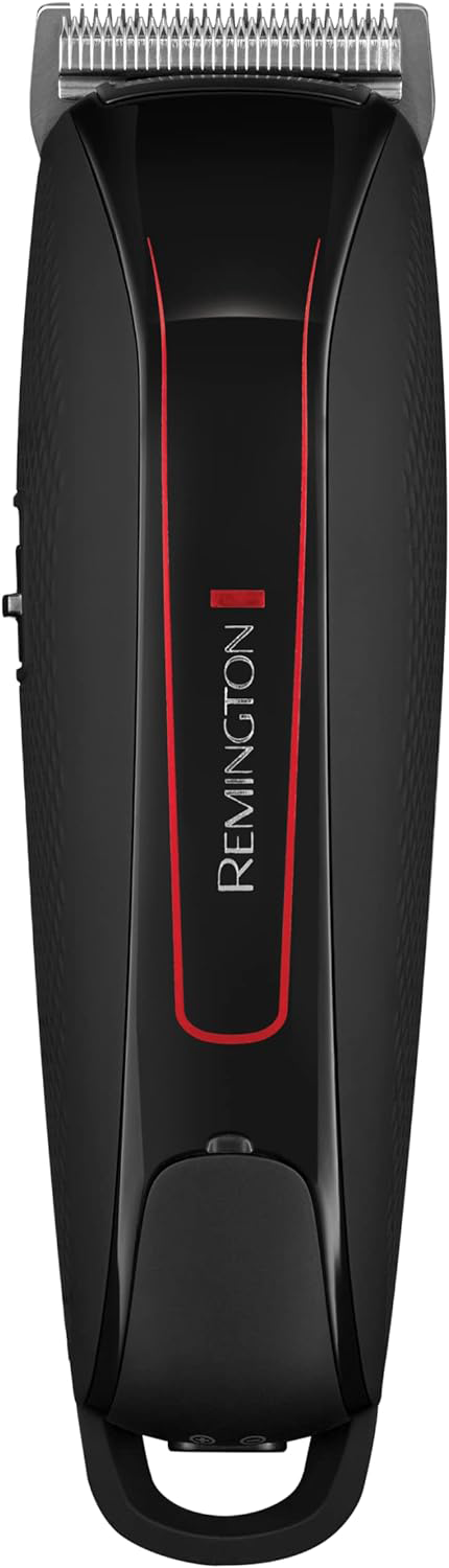 Fekete Remington hajvágó piros díszítésekkel és pengvédővel a tetején.