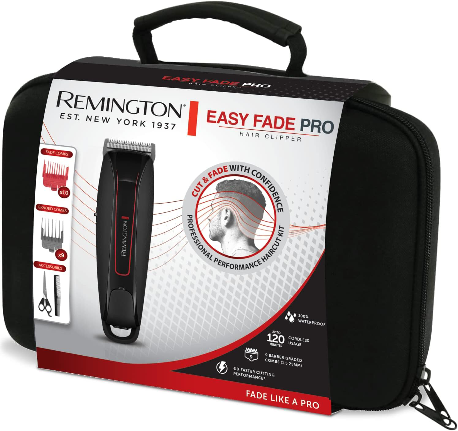 Fekete utazótáska Remington Easy Fade Pro hajvágó készlettel.