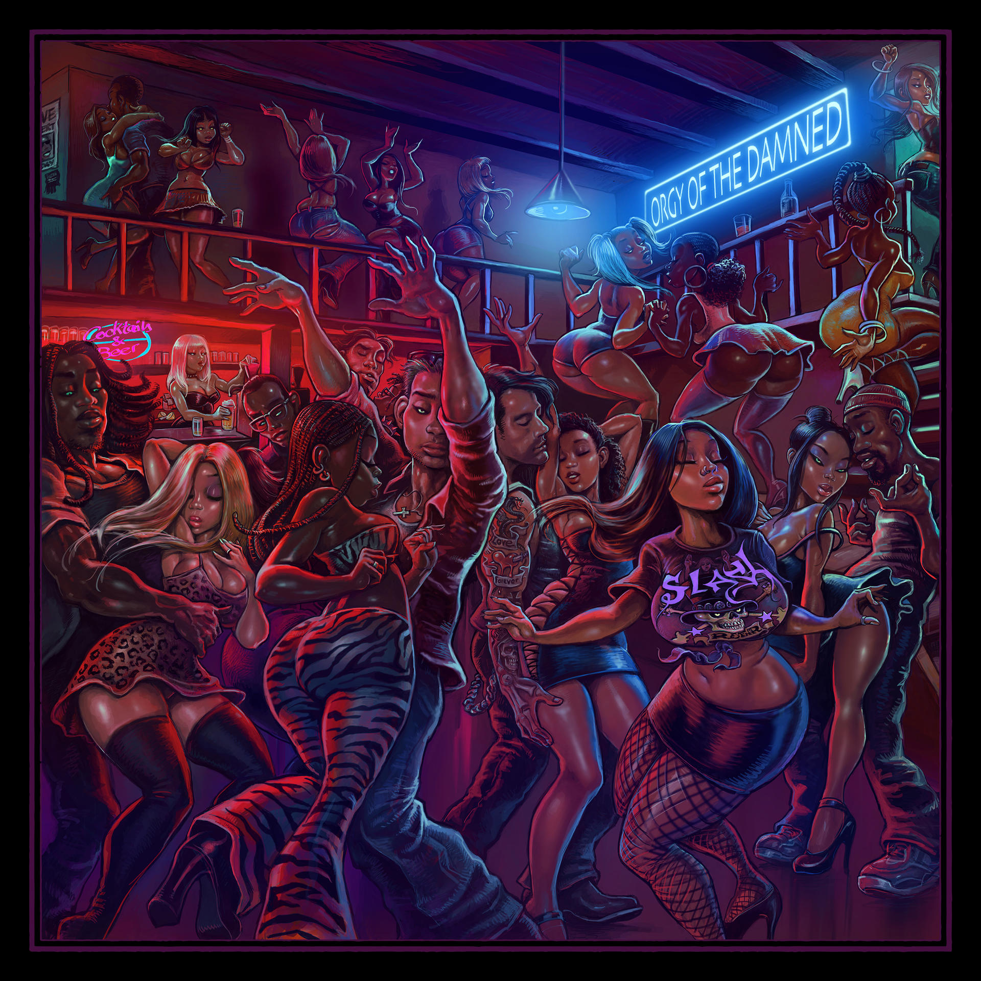 Illustration einer Nachtclubszene. Viele Leute tanzen, Neonzeichen sagt 'ORGY OF THE DAMNED'.