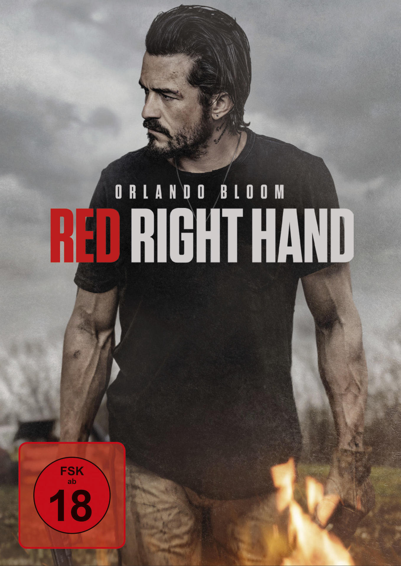 Poster für den Film Red Right Hand. Mit Orlando Bloom. Feuer im Hintergrund.