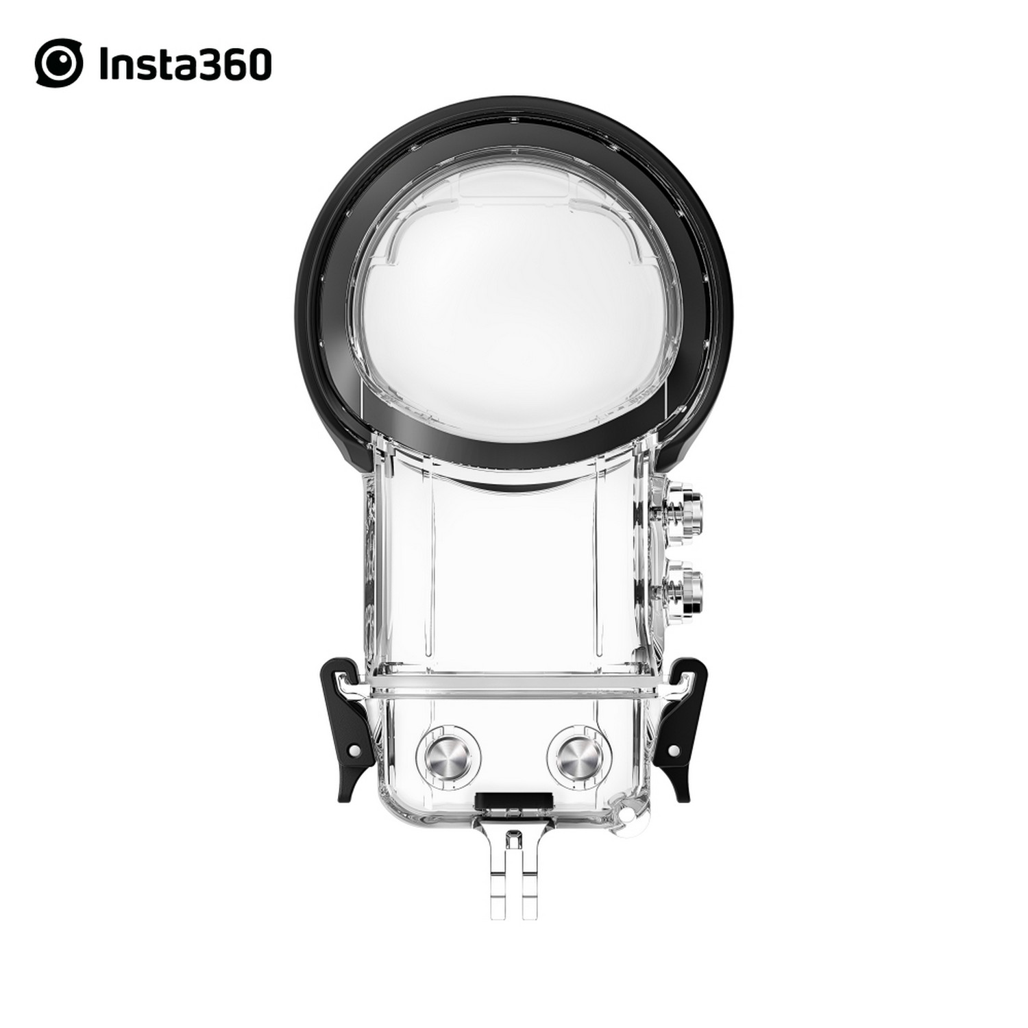 Transparante waterdichte behuizing voor een camera, met het Insta360-logo bovenaan.