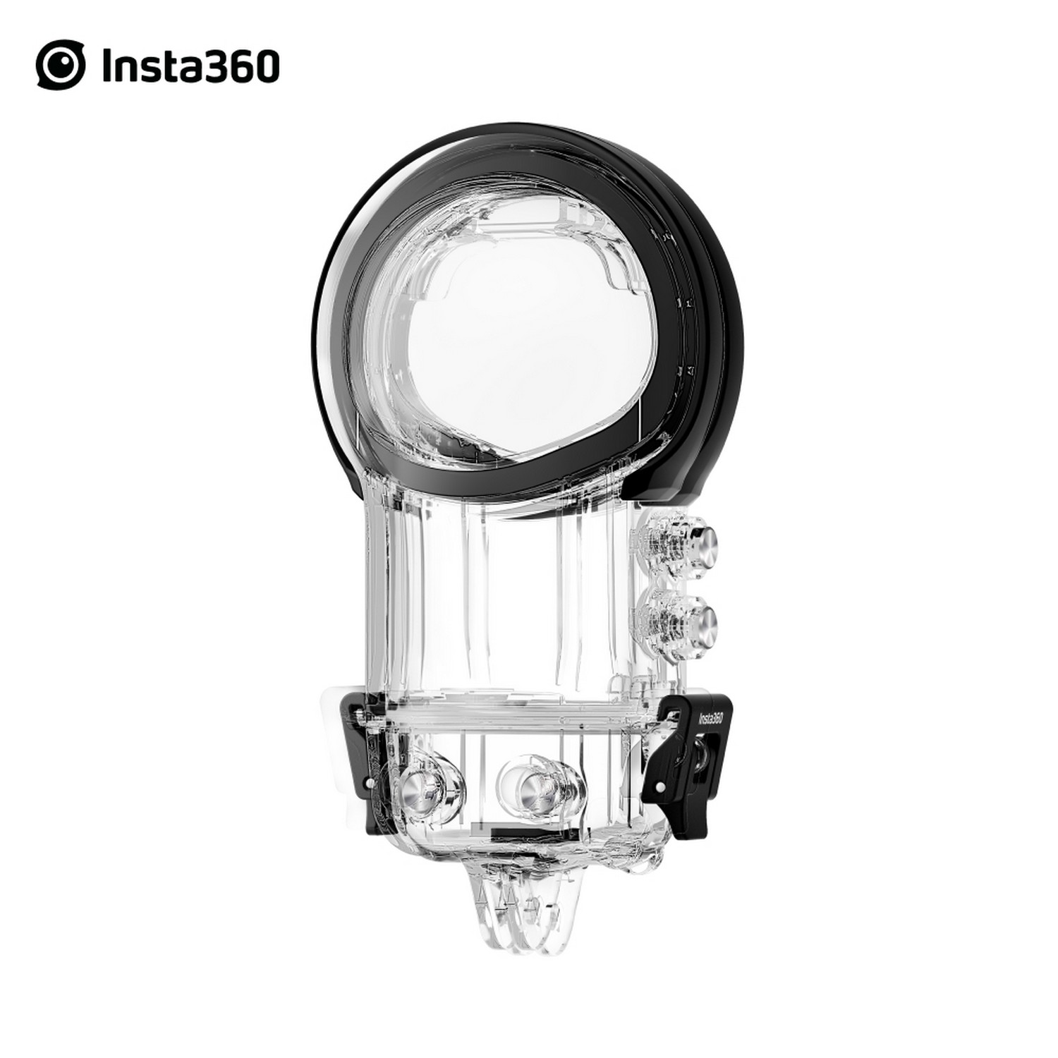 Een doorzichtige Insta360 camerabehuizing met een zwart frame en drie knoppen.