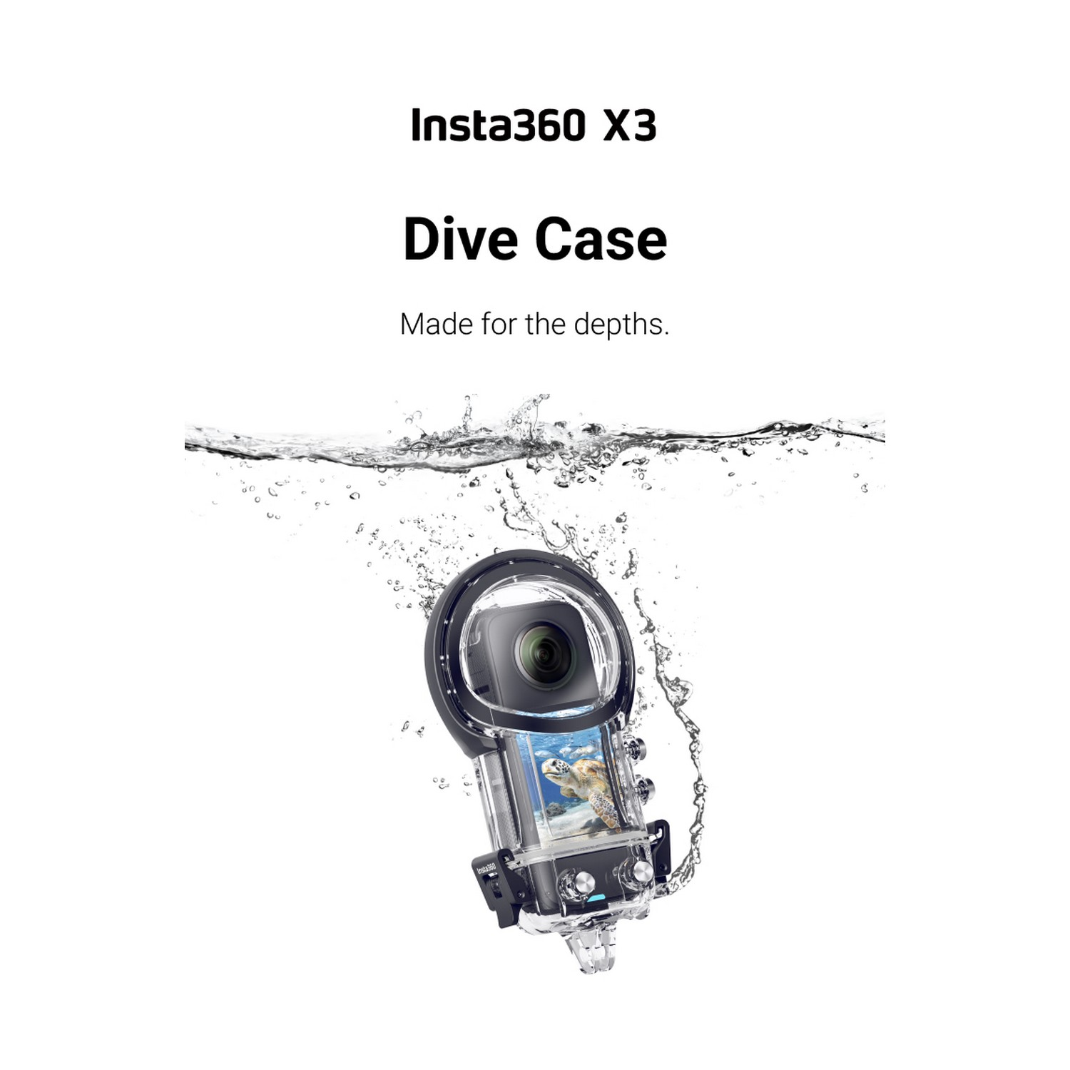 Insta360 X3 Dive Case, met een camera in een transparante behuizing, omringd door water.
