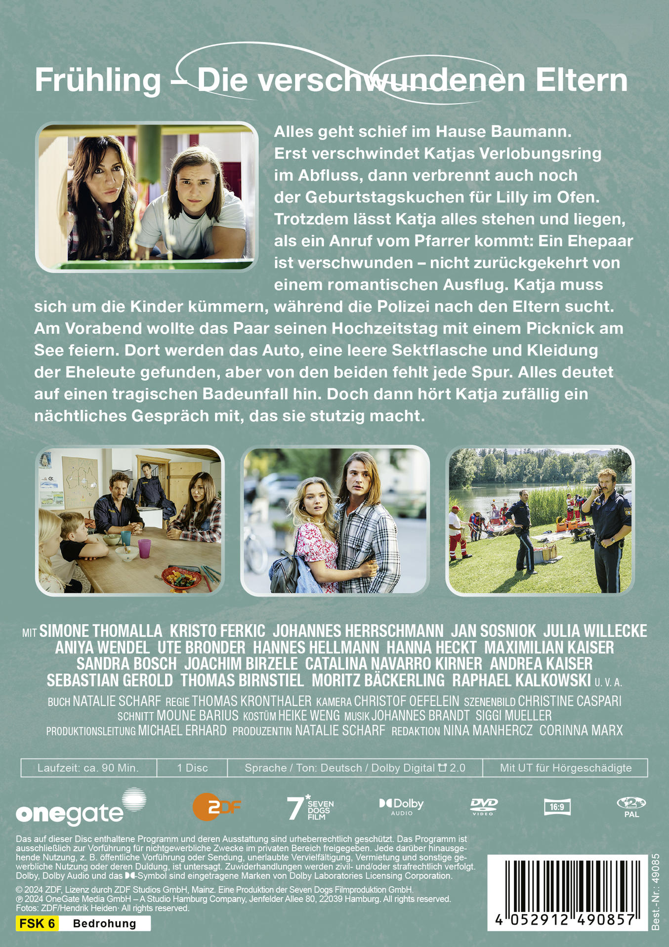 DVD-Rückseite mit Bildern aus einem Film. Deutscher Text, Titel: Frühling - Die verschwundenen Eltern.