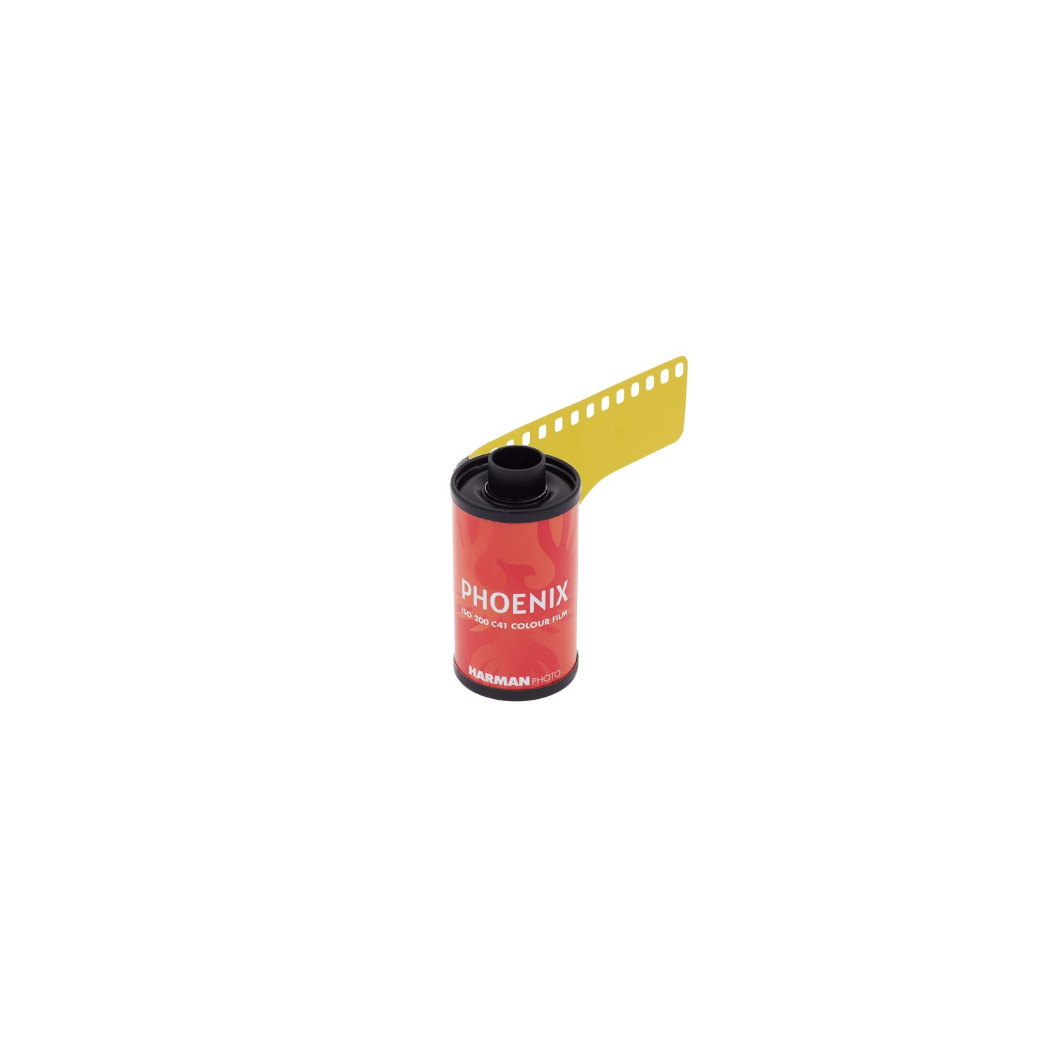 Un rouleau de film, avec une amorce jaune, sur fond blanc.