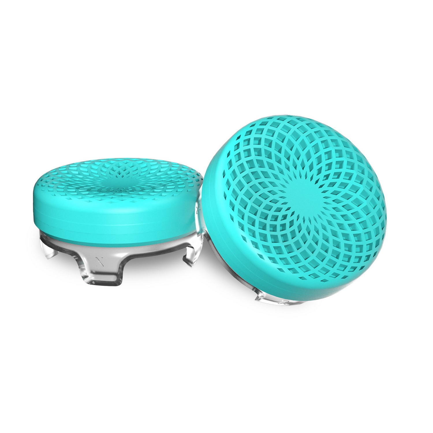 Two turquoise joystick caps, one on a base, the other next to it, against a white background.