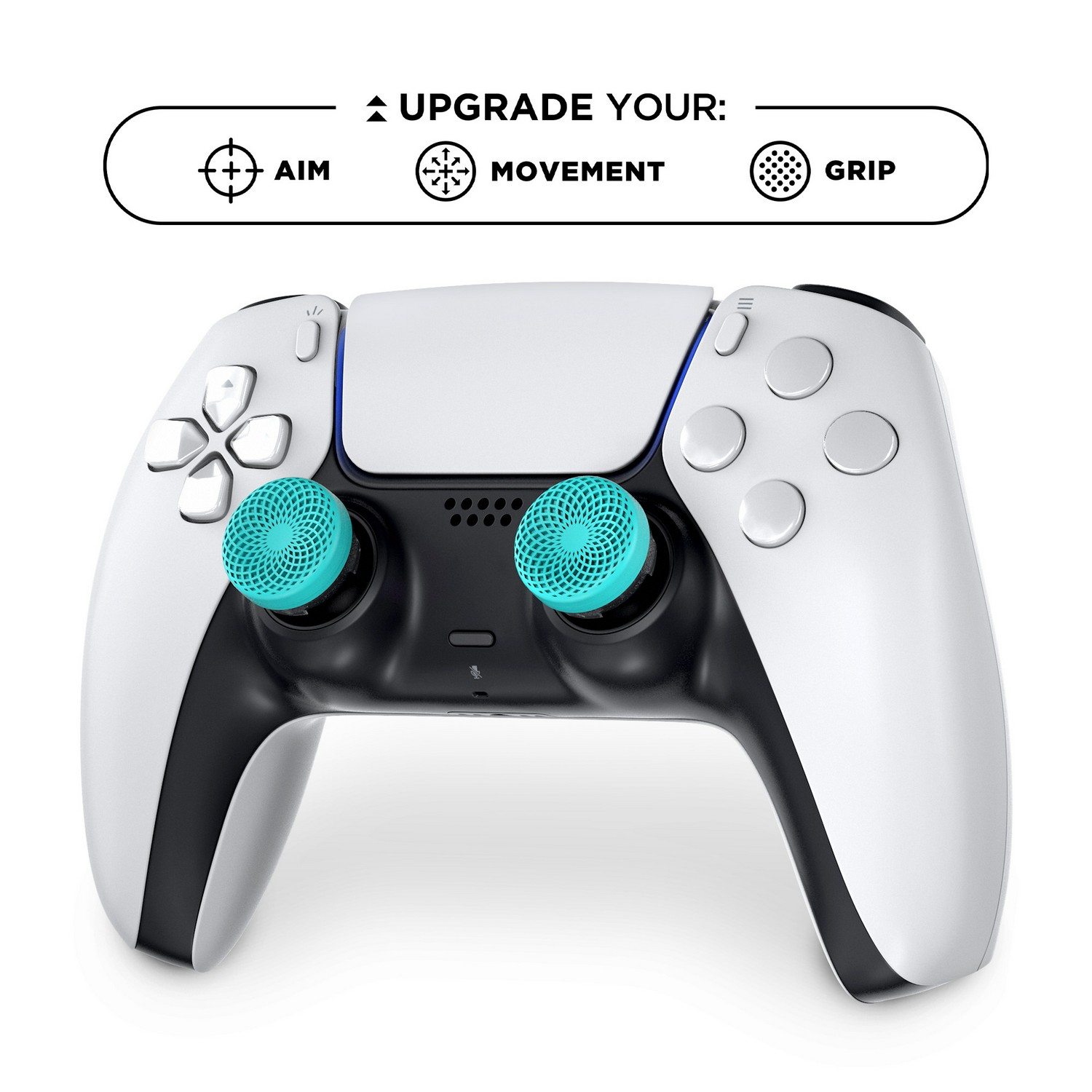 White and black Playstation 5 controller with blue thumb grips. Text says: Aim, Movement, Grip.