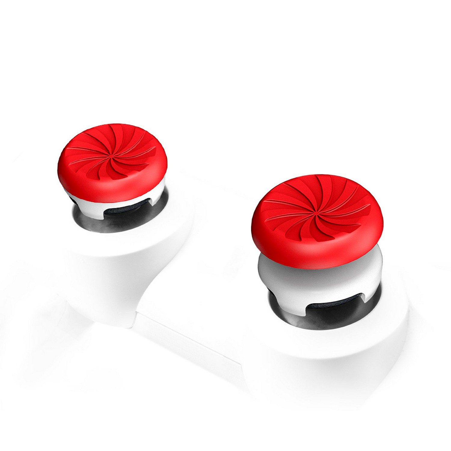 Two white joystick tops with red, spiraling tops, set against a white background.
