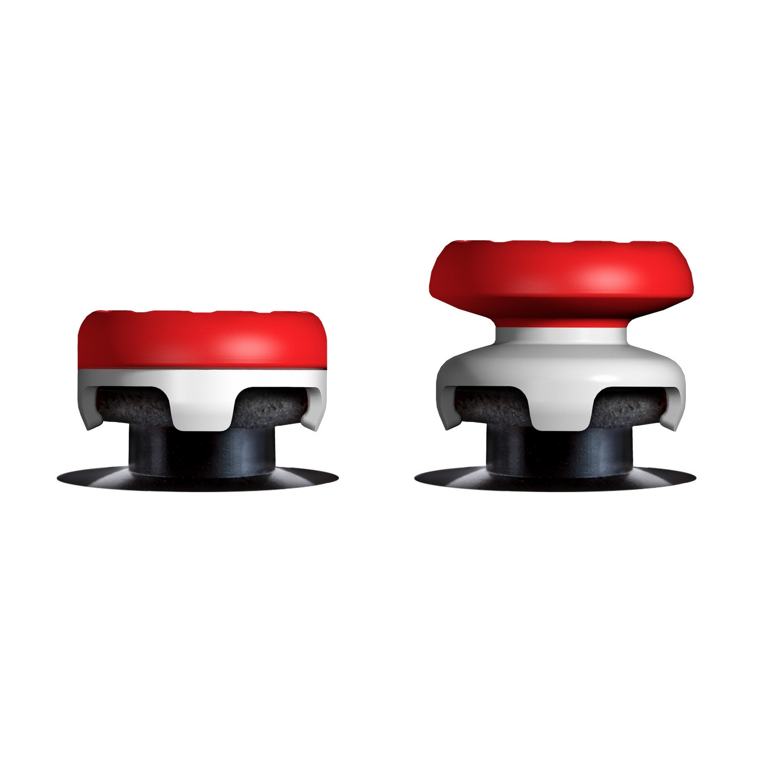 Two red and white joystick caps on a white surface, side by side.