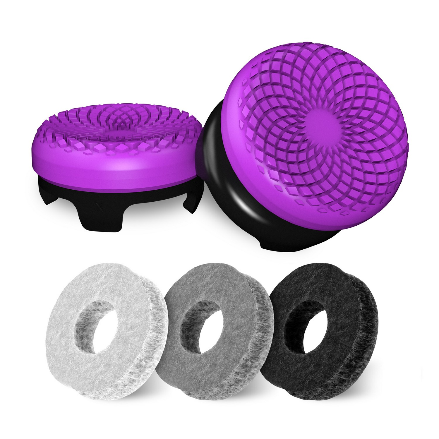Purple joystick thumb grips and three sets of foam grip pads. The background is white.