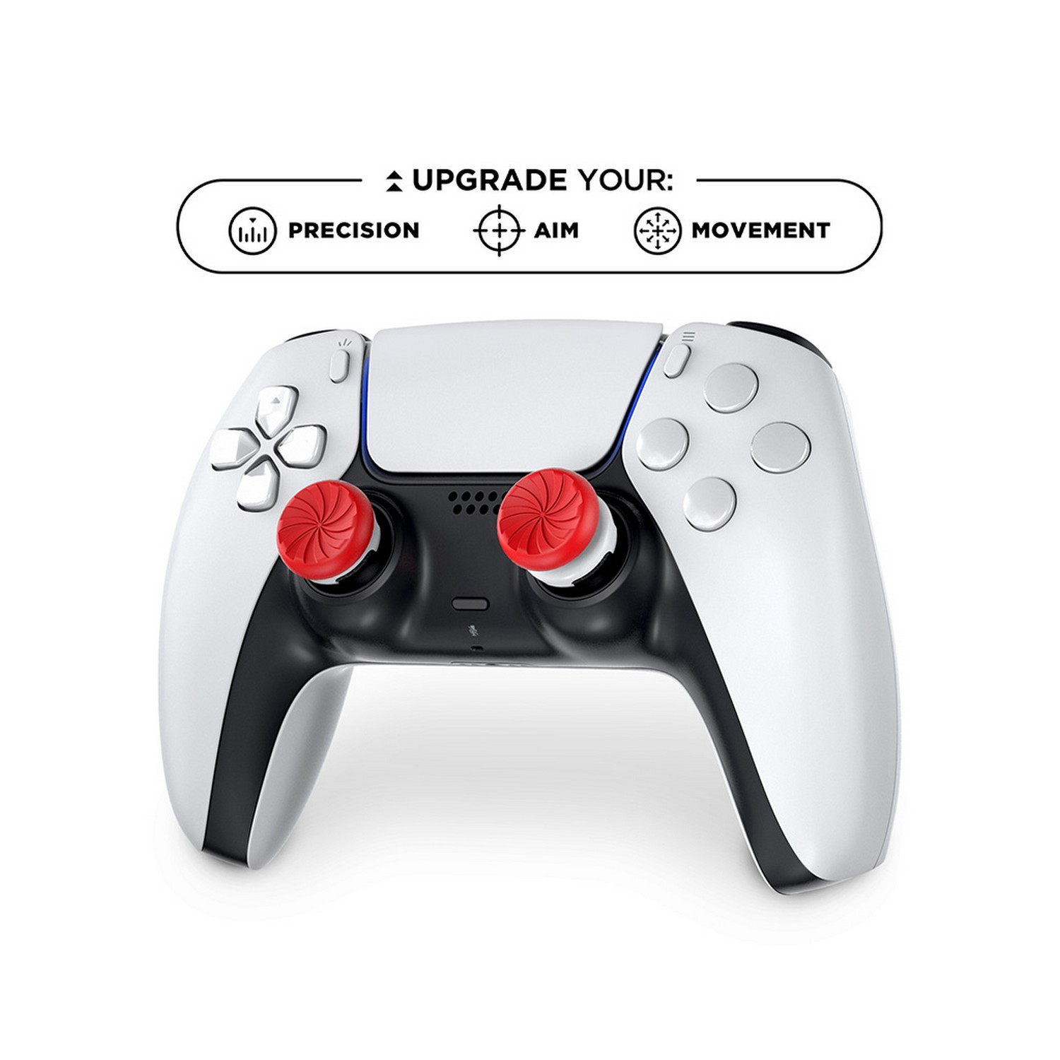 White and black game controller with red joystick toppers and text about precision, aim, and movement.