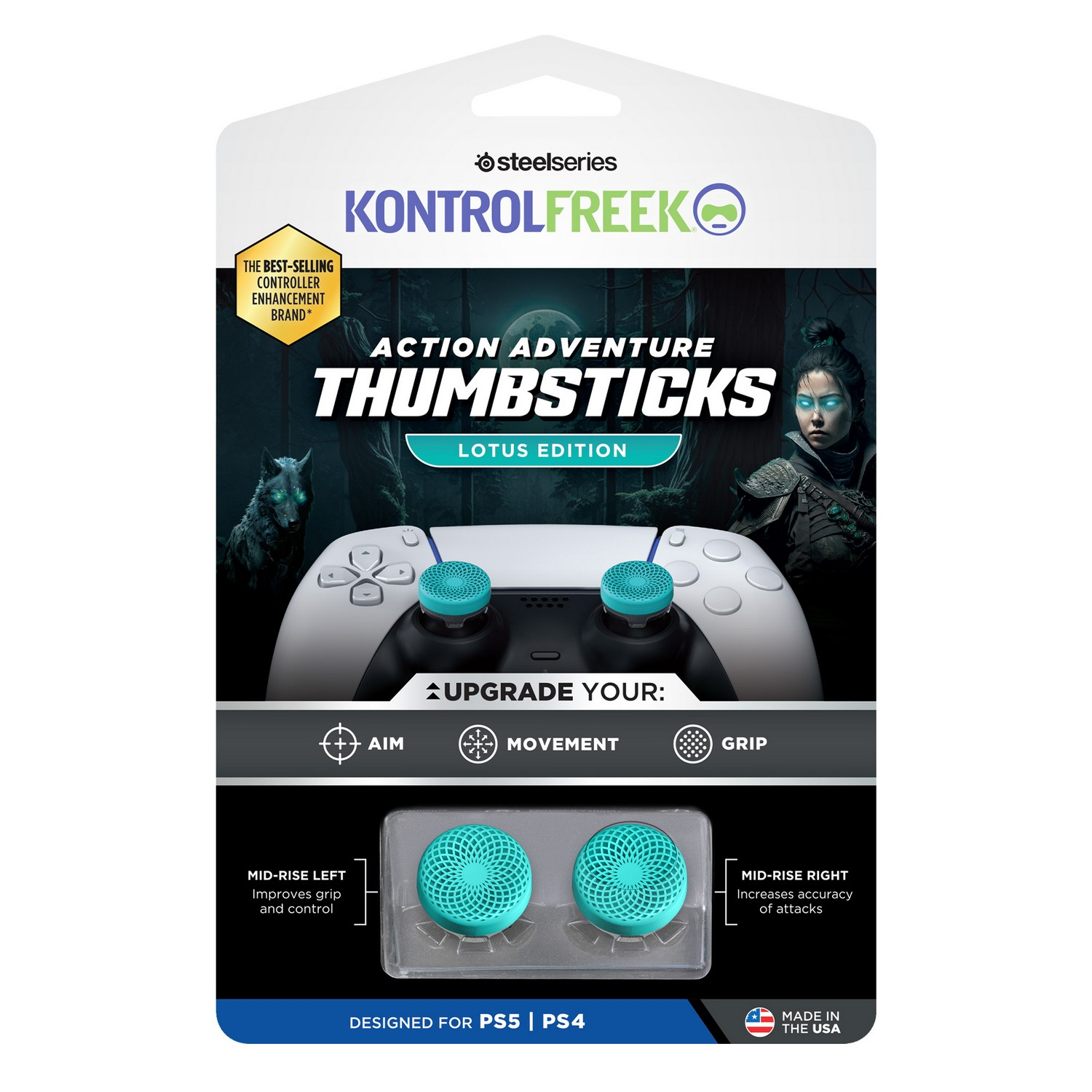 Gamepad controller thumbsticks with teal color and black packaging.