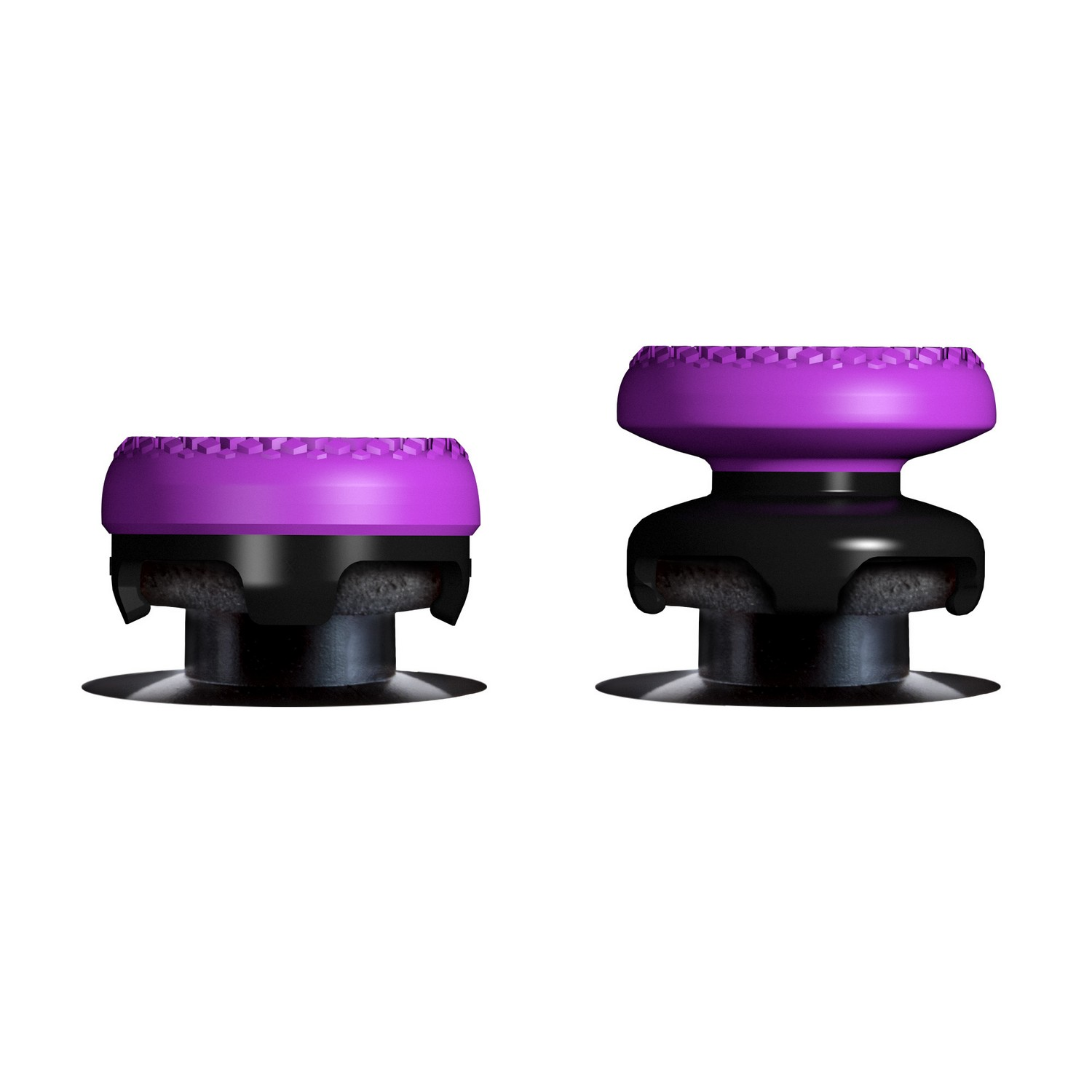 Two purple and black joystick extenders on white surface.