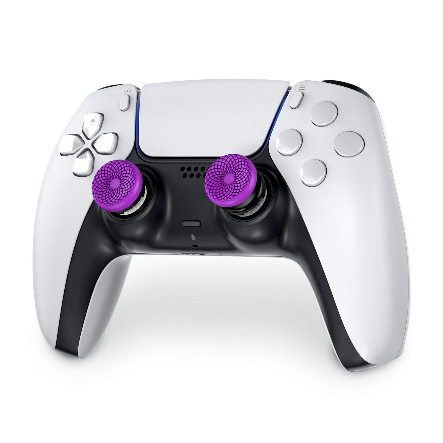 White PlayStation 5 controller with purple joystick thumb grips. The background is white.