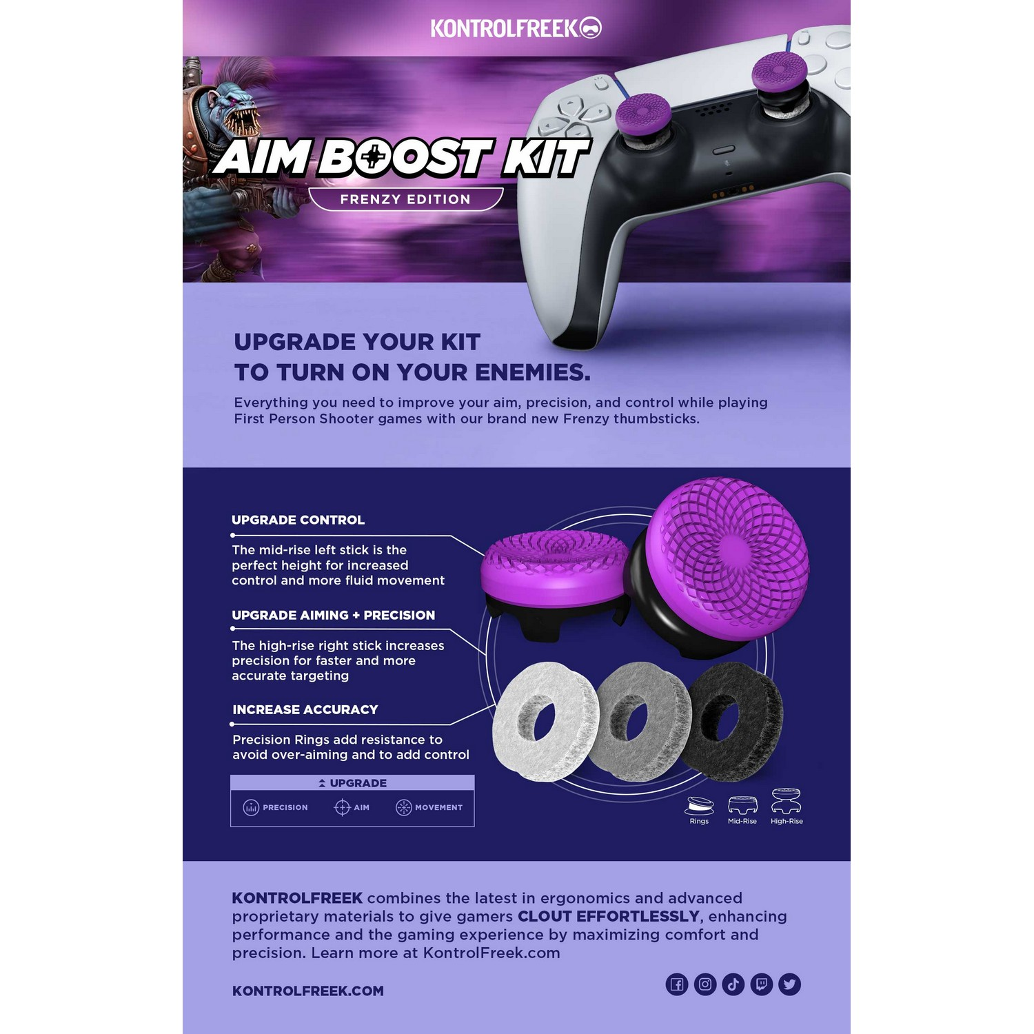 A controller with purple thumbsticks and an aim boost kit.