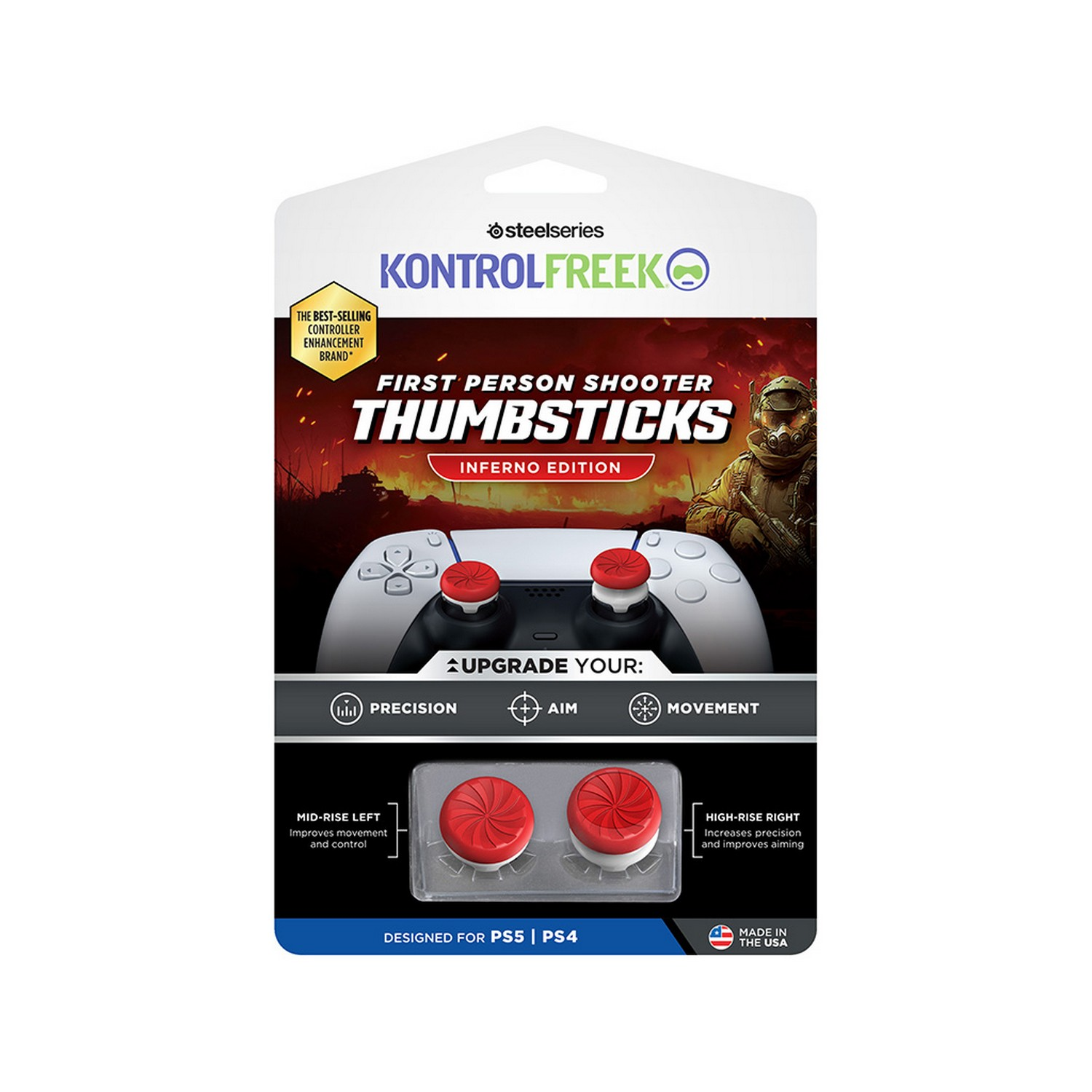 KontrolFreek thumbsticks packaging. Red thumbsticks on a white PlayStation controller. White background.