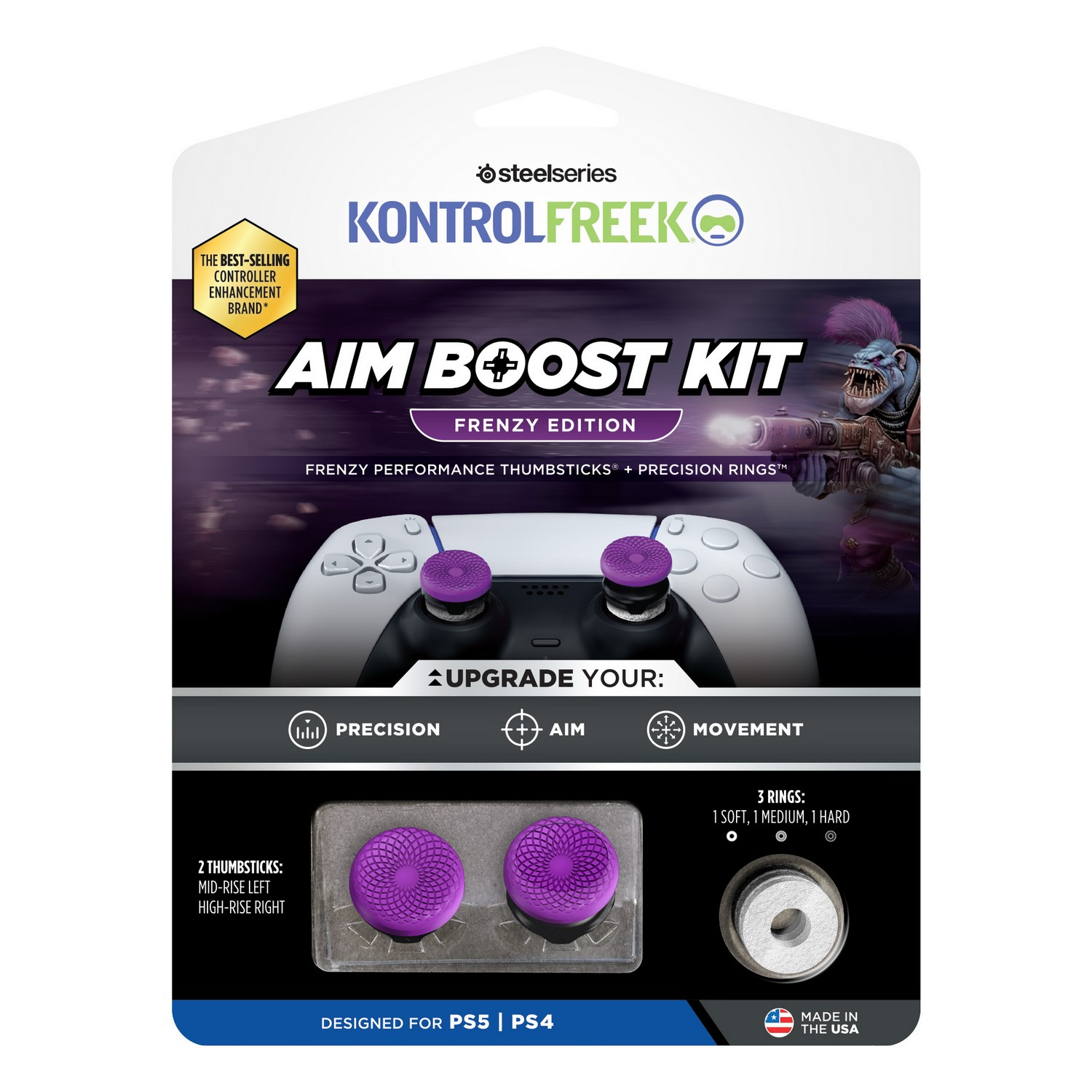 KontrolFreek Aim Boost Kit package, purple thumbsticks, PS5/PS4.